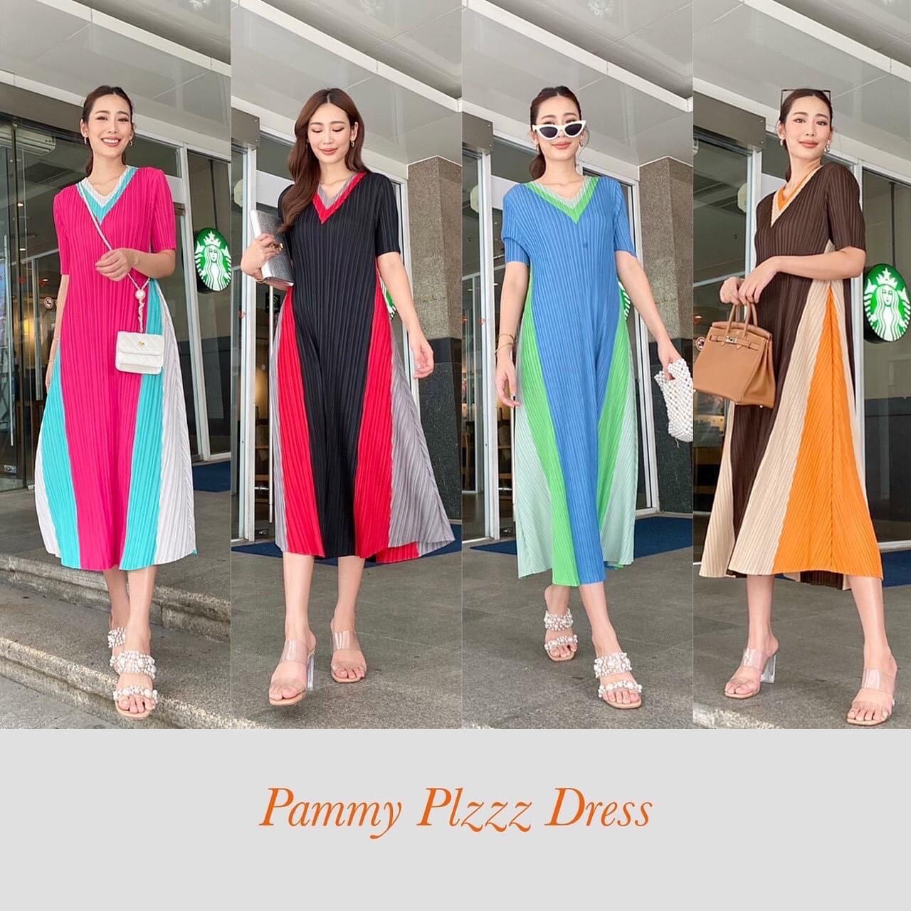 เดรสอัดพลีท ทรงปล่อย ตัวยาว งานสวย Premium 👍🏻 แพตเทิร์นคอวี V แขน 3 ส่วน สินค้าคุณภาพ (พร้อมส่ง)