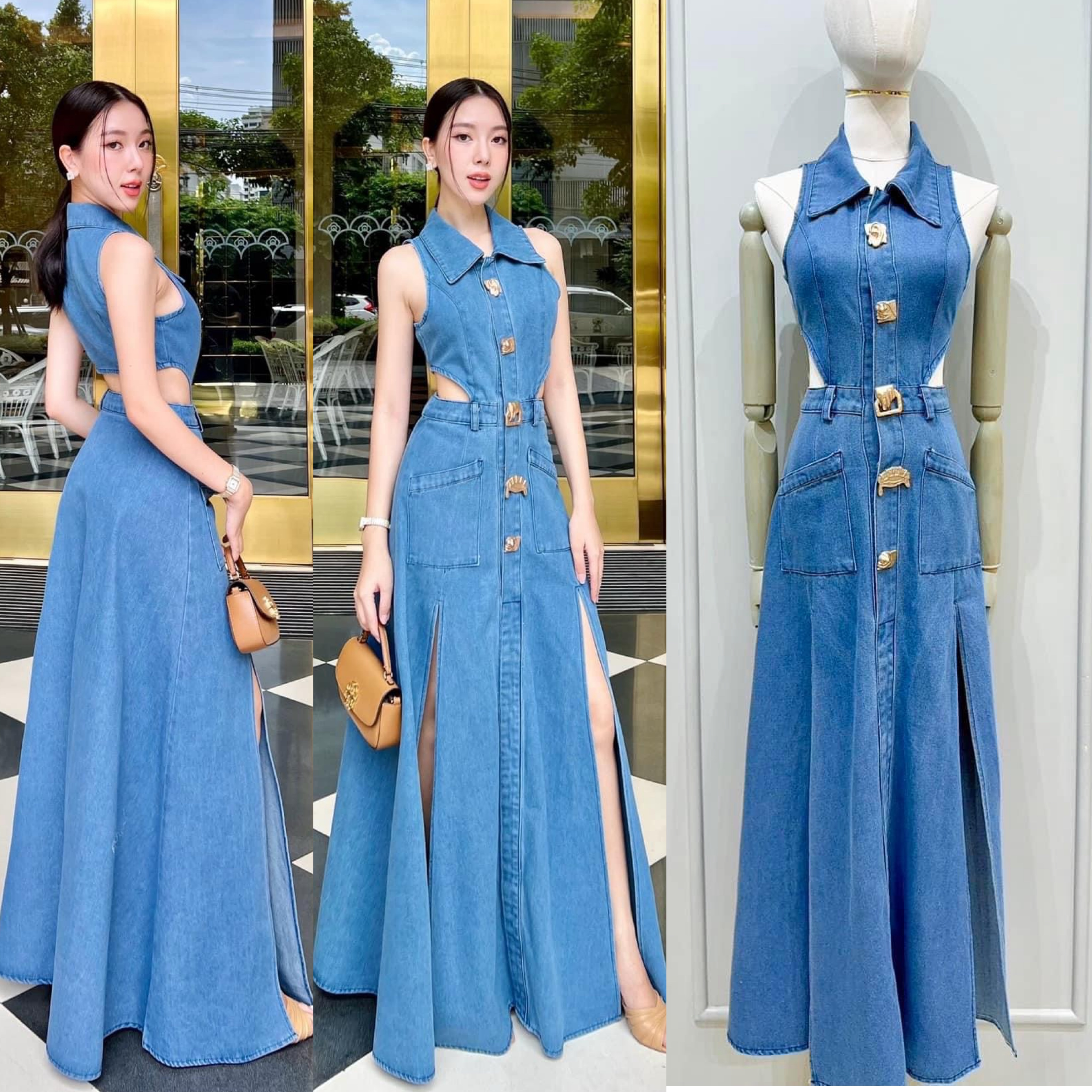 เดรสยาวเนื้อผ้ายีนส์ ดีไซน์คอปกเว้าเอวสองข้าง ช่วง กระโปรงผ่าหน้า เพิ่มความเก๋ ด้วยอะไหล่กระดุม โลหะ ใส่สบาย : สินค้าคุณภาพ (พร้อมส่ง)