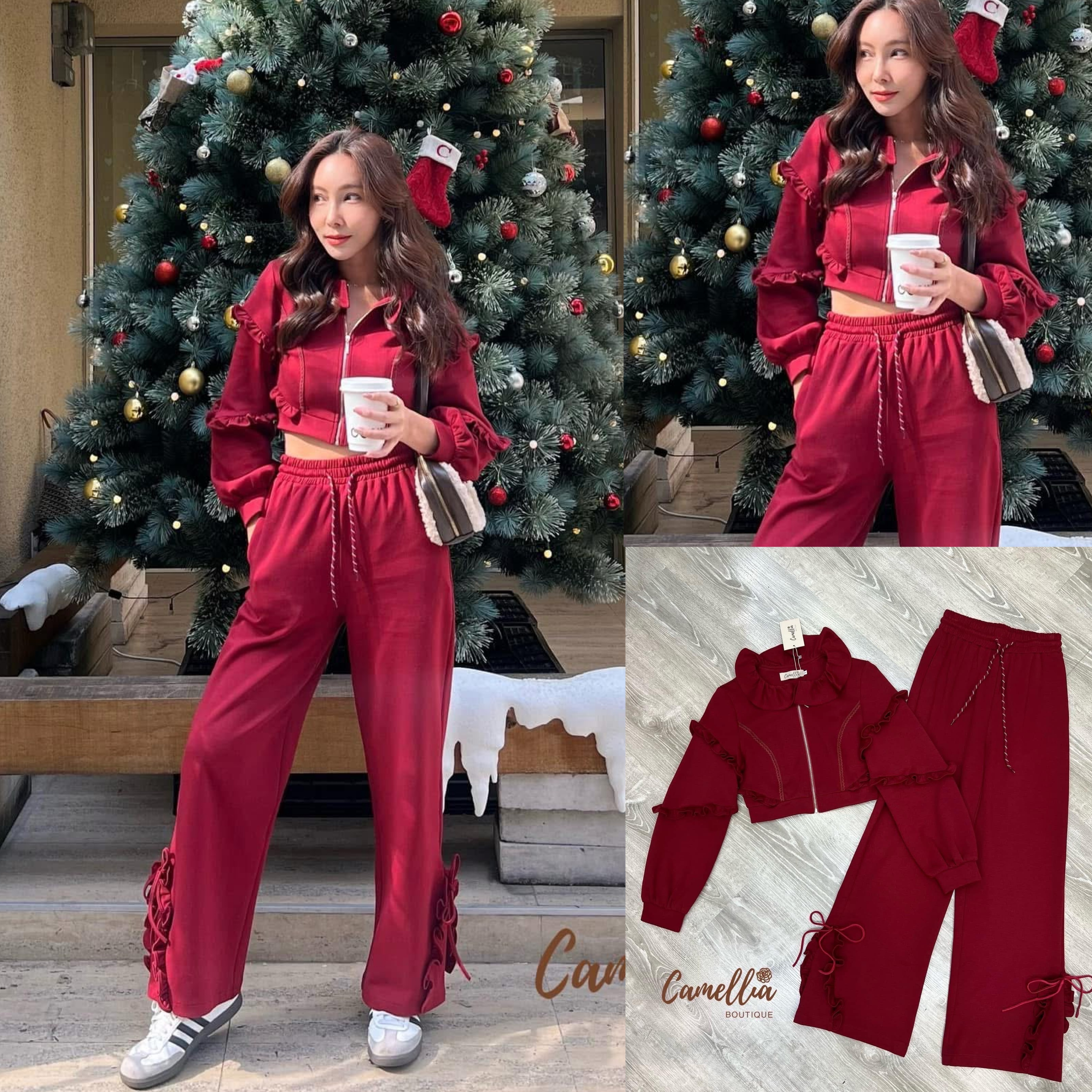 ชุดวอมผ้ายืดเนื้อนิ่ม เสื้อคอระบายๆ แขนยาว แต่งระบาย มาพร้อมกางเกงขายาวปลายขา ผูกโบ ใส่สบาย : สินค้าคุณภาพ (พร้อมส่ง)