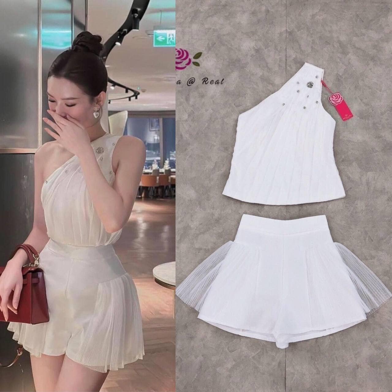 Set เซ็ทเสื้อไหล่เดียวกับกางเกงขาสั้น เสื้อเย็บจับจีบ ช่วงไหล่เย็บเพชรและคริสตัล ซิปข้าง กางเกงเอวสูง ขาบาน ใส่สบาย : สินค้าคุณภาพ (พร้อมส่ง)