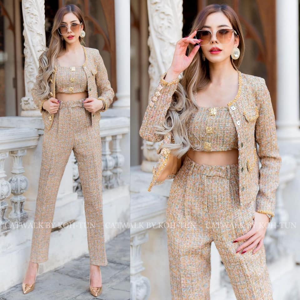 เซตผ้าทวีต 3 ชิ้น เสื้อครอป+เสื้อคลุม+ กางเกง เนื้อผ้าทวีตเกรดเอ สินค้าคุณภาพ (พร้อมส่ง)