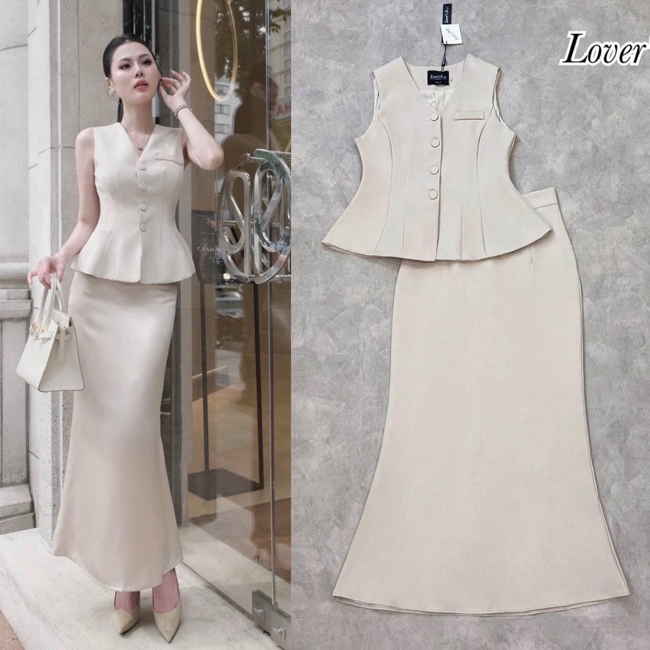 เซ็ท 2ชิ้น เสื้อกั๊กทรงกระดุมหน้า เย็บซับในอย่างดีค่ะ ทรงเข้ารูปช่วงอกและเอว +กระโปรงทรงหางปลา ซิบหลัง มีซับในอย่างดี ใส่สบาย : สินค้าคุณภาพ (พร้อมส่ง)