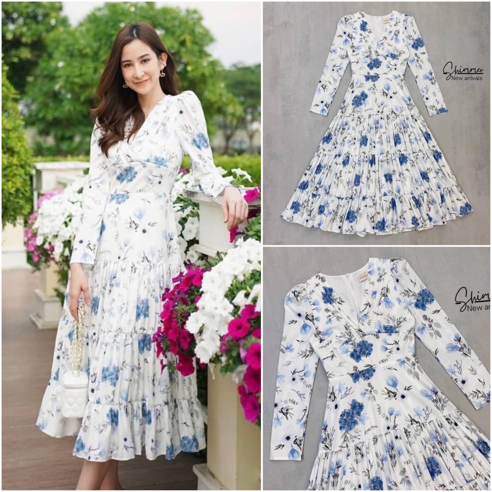 เดรสคอวีแขนยาว เนื้อผ้าคอตตอน พิมพ์ลายดอกไม้สวยคลาสสิค สินค้าคุณภาพ (พรอมส่ง)