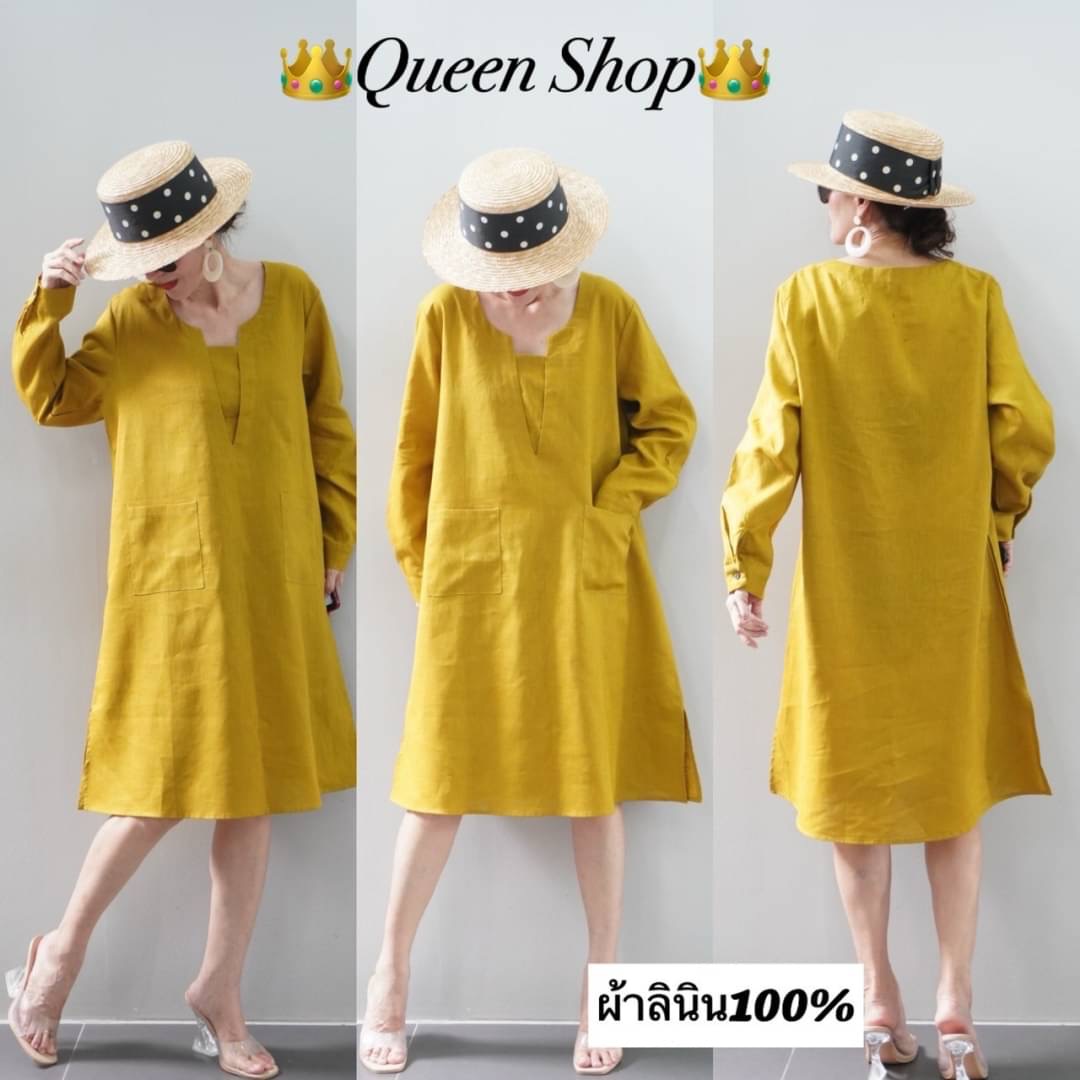 เดรสลินินแท้💯คอวีแขนยาว ทรงสวย ใส่สบาย สินค้าคุณภาพ (พร้อมส่ง)