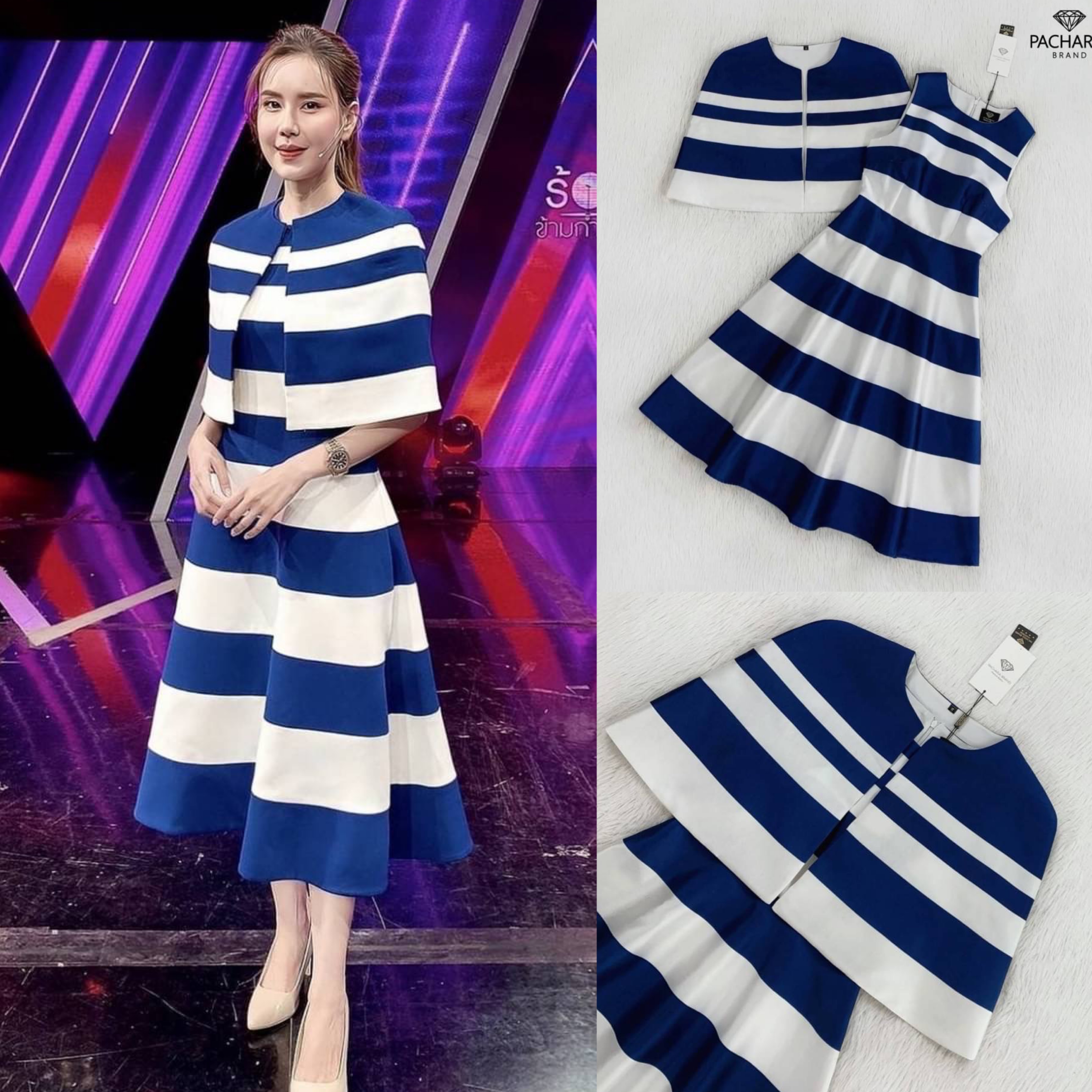 เซ็ต 2 ชิ้น เดรสยาวแขนกุดลายขวางสีขาวสลับสีกรม ช่วงเอวเข้ารูป ทรงกระโปรงบานสวยมาก มาพร้อมเสื้อครอปคลุมไหล่ทรงเก๋ ใส่สบาย สินค้าคุณภาพ (พร้อมส่ง)