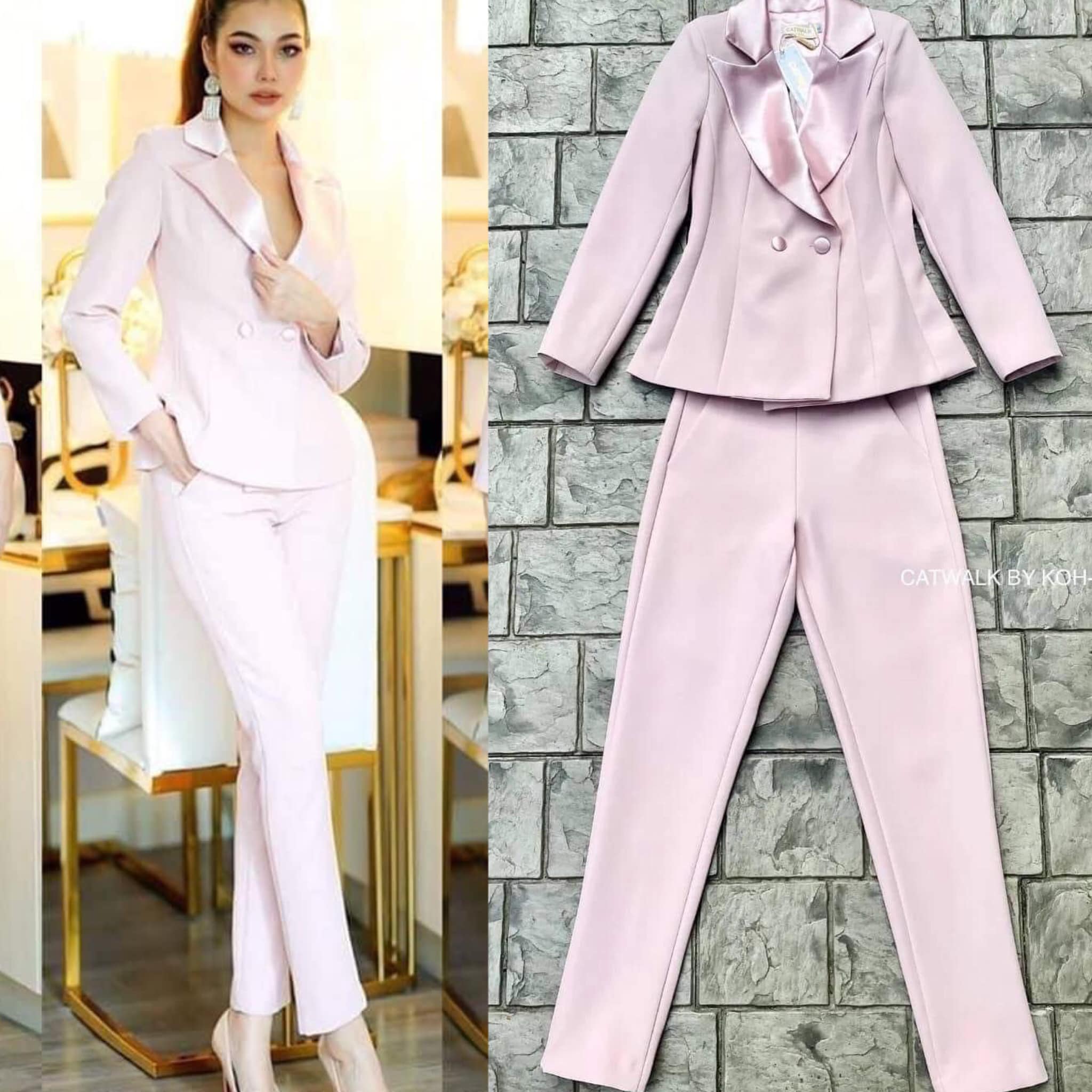 เซตสูทแต่งปกเลื่อมจับจีบหลัง+กางเกง รงสวย ทรงสวย ตัวสูททรงเข้ารูป ด้านหลังจับจีบทวีตด้านหน้า แต่งกระดุมปั้มผ้าเงา2เม็ด มาคู่กับกางเกง เอวสูงทรงขากระบอกเล็ก : สินค้าคุณภาพ (พร้อมส่ง)