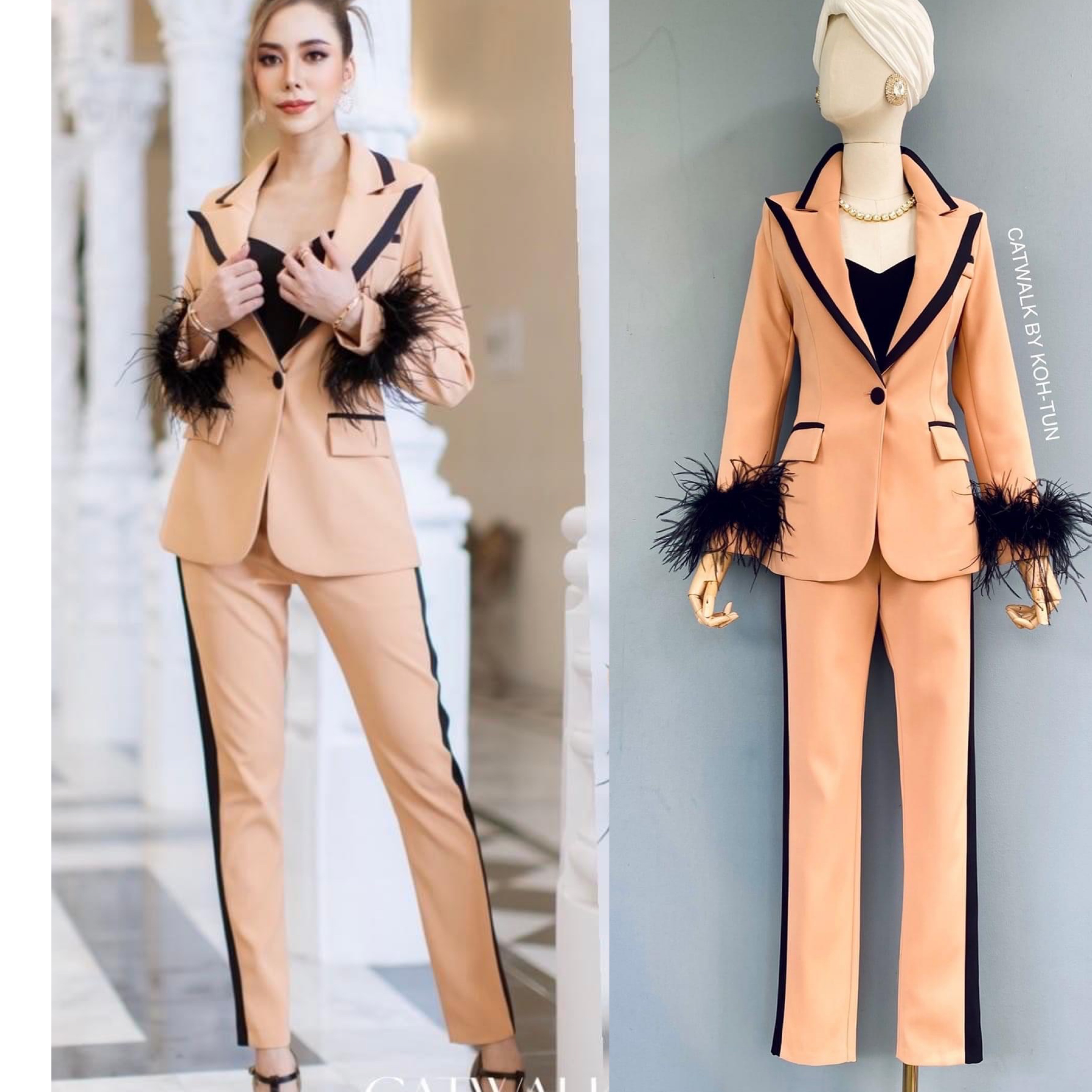 เซตBLAZERทูโทนแต่งขนนกแขน (ถอนได้)เนื้อผ้าเกรดเอ เนื้อนุ่มทิ้งตัว ตัวBLAZERเป็นทรงเข้ารูป แต่งขอบปกและขอบกระเป๋า คู่กับกางเกงเอวสูงขายาว ทรงขากระบอกเล็ก สินค้าคุณภาพ (พร้อมส่ง)