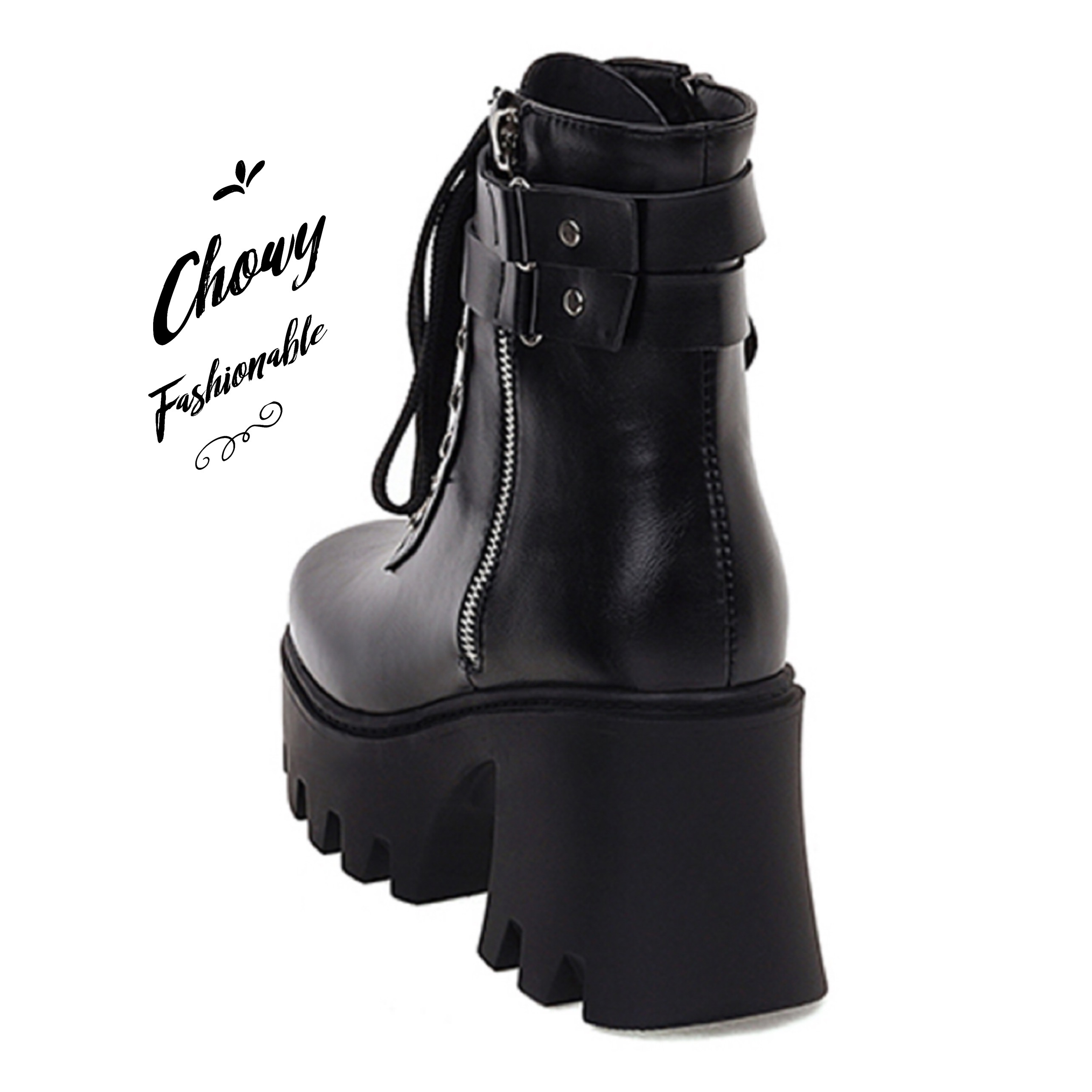 รองเท้าบู้ทไซส์ใหญ่ 40-46 มัฟฟินส้นสูง Boot Fashion Cosplay คอสเพย์ บูทส้นเตารีด ซิบข้าง สีดำ KR1168