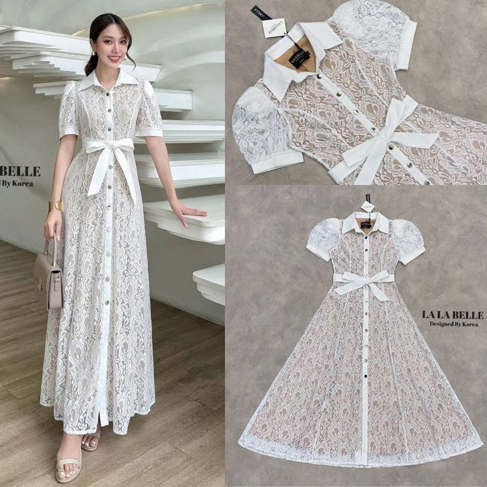 แม็กกี้ซี่เดรสลูกไม้ลายดอกไม้คอปกกระดุมหน้ายาวแขนสั้นตุ๊กตาเสริมผ้าให้ไหล่ยกเข้ารูปเข้าทรงยาว+เชือกผูกโบว์ช่วงเอวจะผูกโบว์ด้านหน้าหรือด้านหลังก็ได้กระโปรงยาวใช้ผ้าเยอะ ใส่สบาย : สินค้าคุณภาพ (พร้อมส่ง)