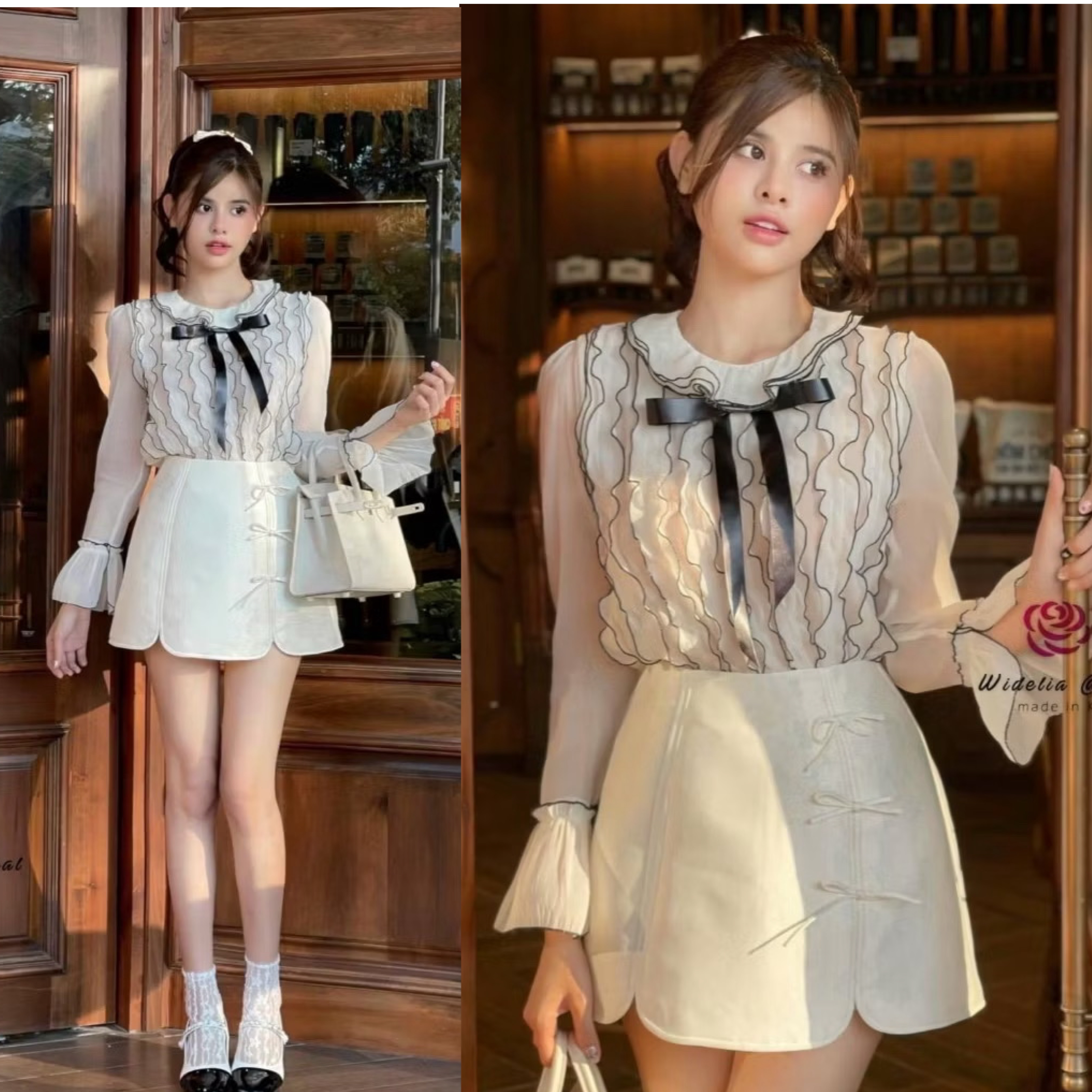 Set :: เสื้อแขนยาวตัวสวยบอกเลยแพทเทิ้ลสวยเนี๊ยบสุดๆ ตัวเสื้อเลือกใช้ มาออกัลซ่าเนื้อสวย แต่งระบายเป็นริ้วสวยเด้ง แต่งโบเก๋ มาเข้าชุดพร้อมกับกระโปรงตัวสั้นสวย แต่งโบสวย มาพร้อมซับในขาสั้นในตัว ใส่สบาย : สินค้าคุณภาพ (พร้อมส่ง)