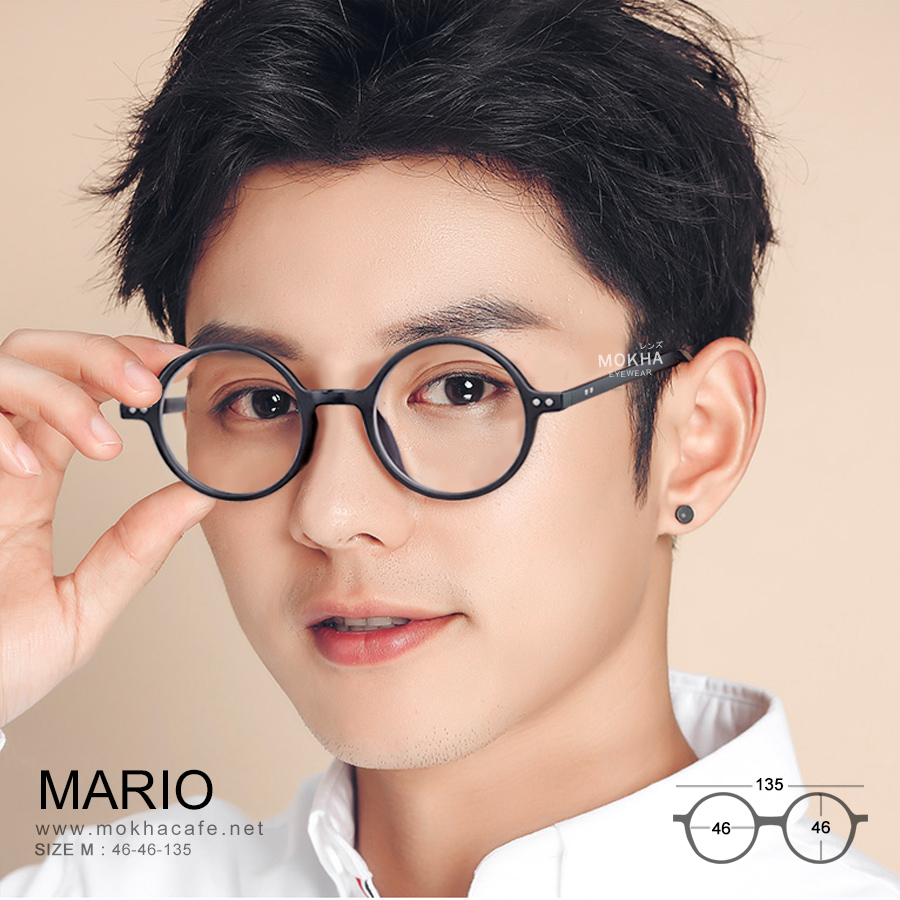 MARIO - black กรอบแว่นตา TR90 แว่นทรงกลม แกนขาโลหะ เหนียวทนทาน กว้าง 135 มม. (sizeM) H46