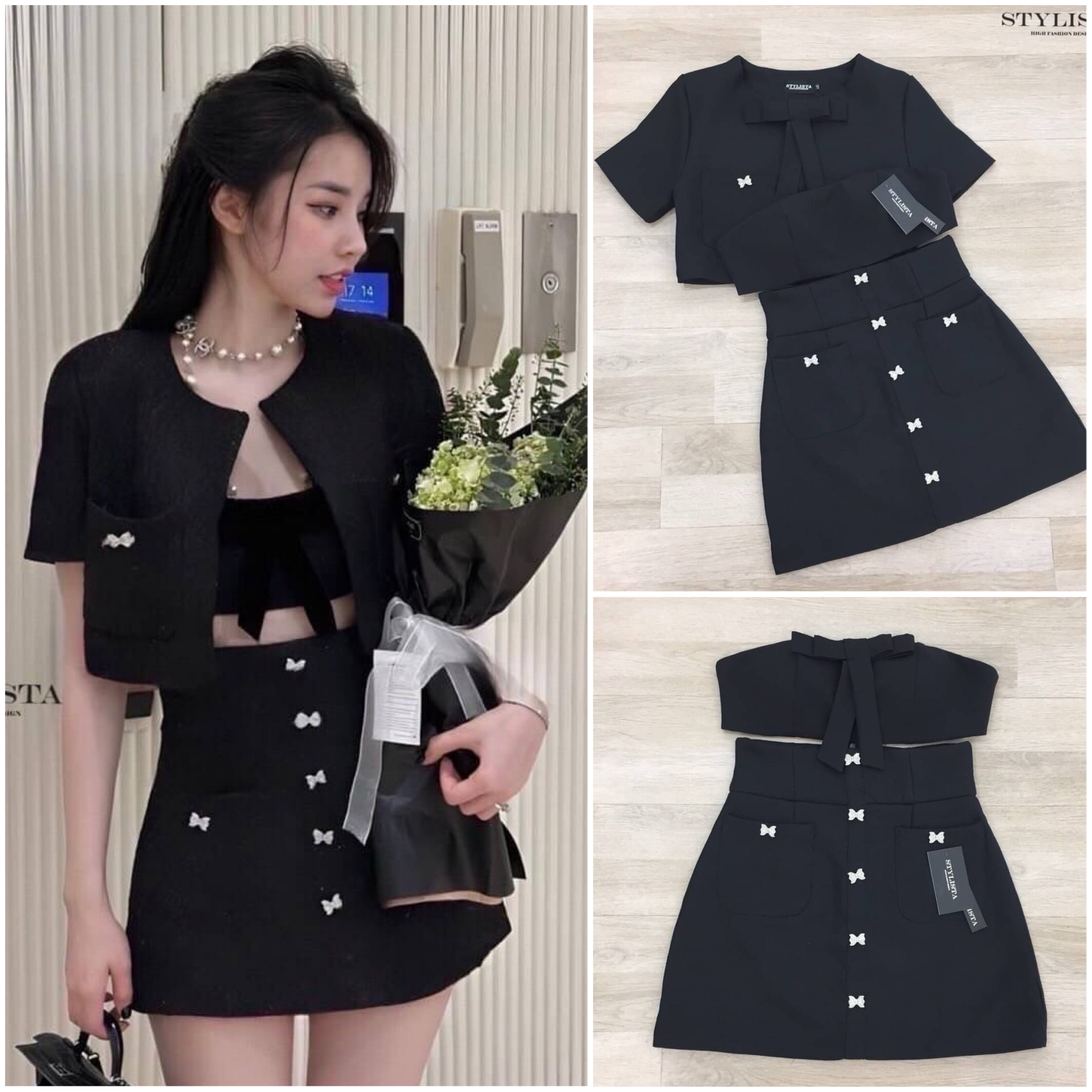 เซต3 ชิ้น เสื้อเกาะอก มาพร้อมเสื้อคลุมเเขนสั้น มีโบว์ แบบติดด้านหน้า (โบว์ถอดได้) มีกระโปรงเข้าชุด ใส่สวยมาก สินค้าคุณภาพ (พร้อมส่ง)