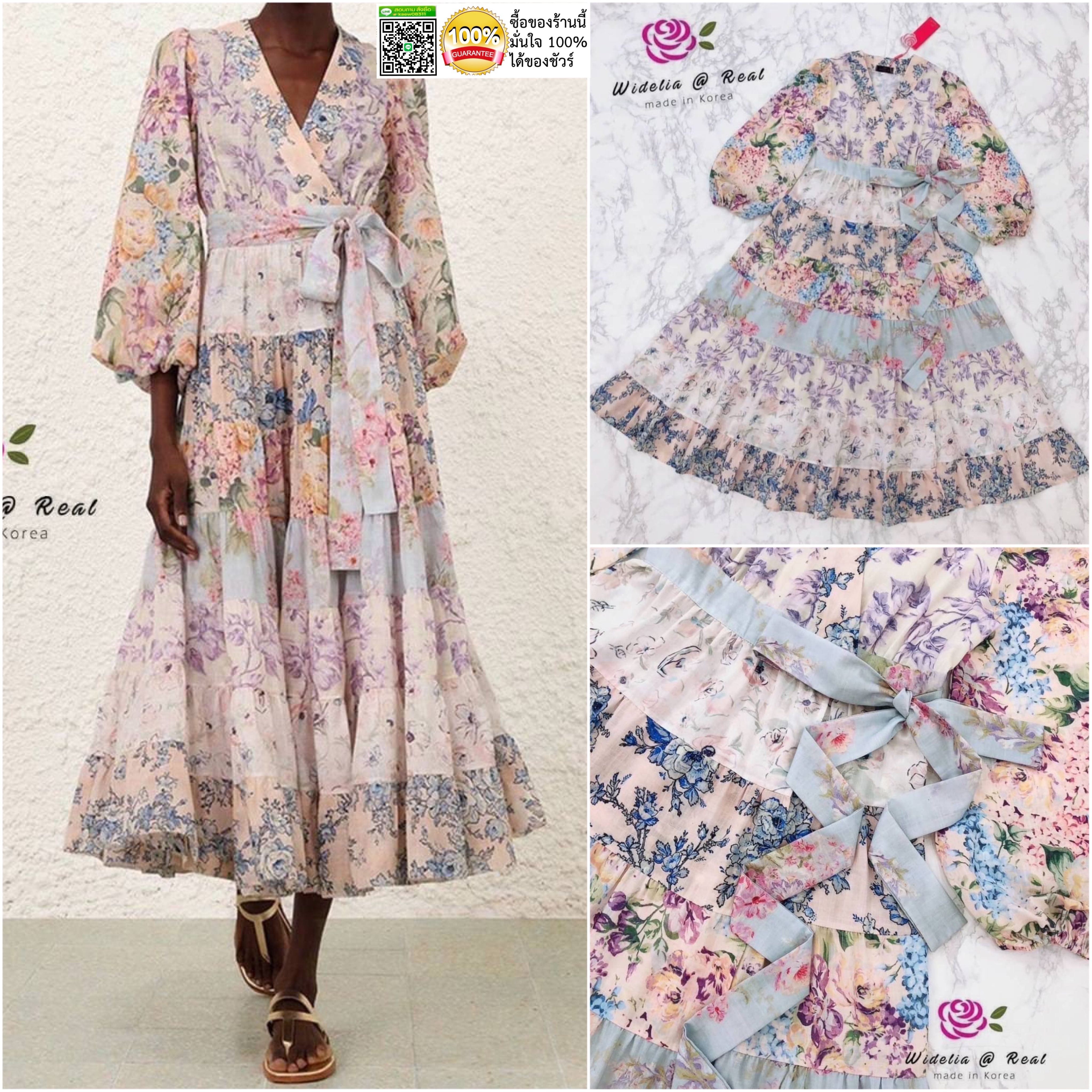 Dress :: เดรสตัวยาวสวยทรงดี คอวีเก๋ ท่อนแขนพองเป็นทรงสวย ทรงป้ายไขว้ผูกโบเอวเพิ่มความกระชับ เดรสทรงเอบานพริ้วสวย ใส่สบาย สินค้าคุณภาพ (พร้อมส่ง)