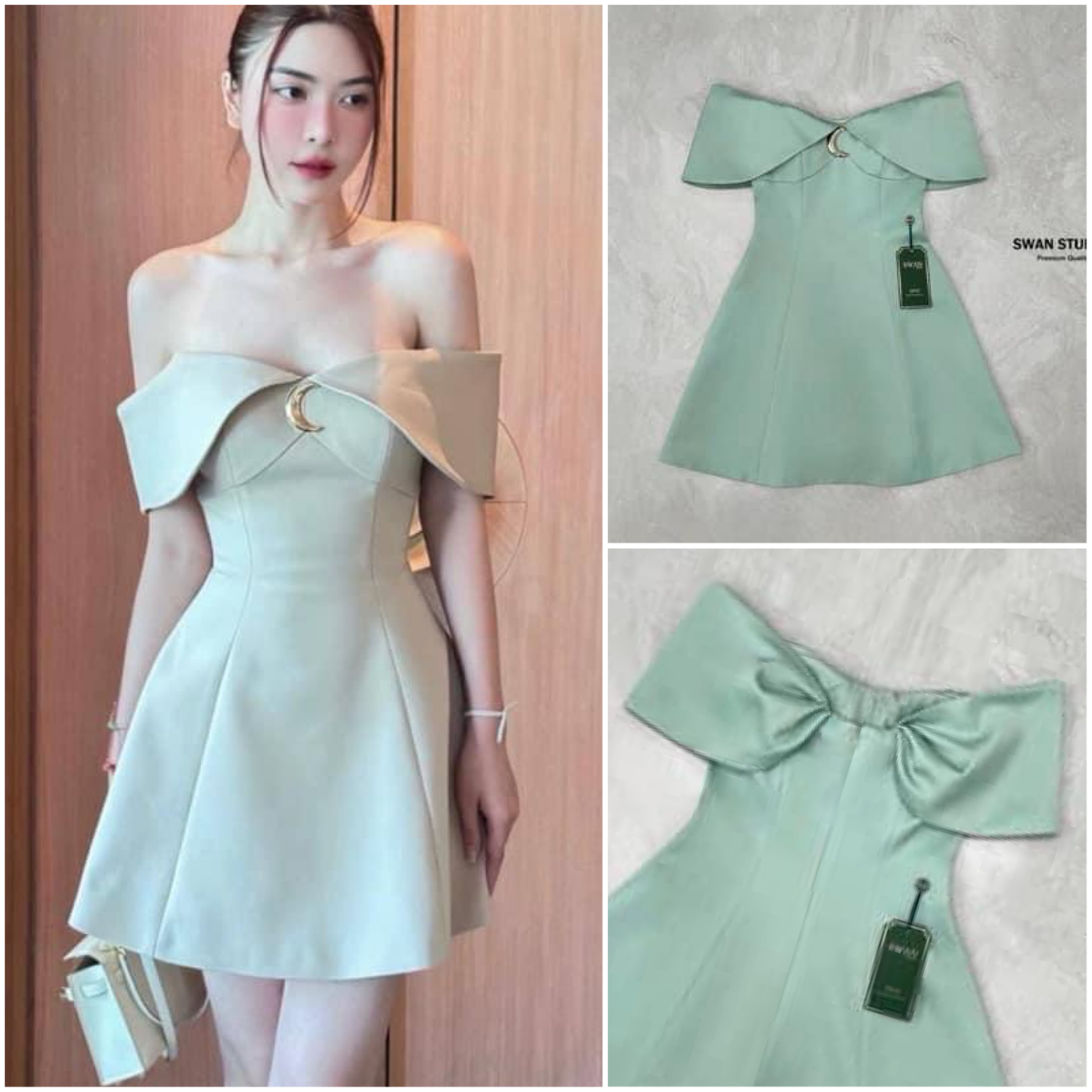 เดรสปาดไหล่สีเขียวพาสเทล เอวเข้ารูป สะโพกบานนิดๆ มีเข็มกัดรูปพระจันทร์ครึ่งเสี้ยว ใส่สบาย สินค้าคุณภาพ (พร้อมส่ง)
