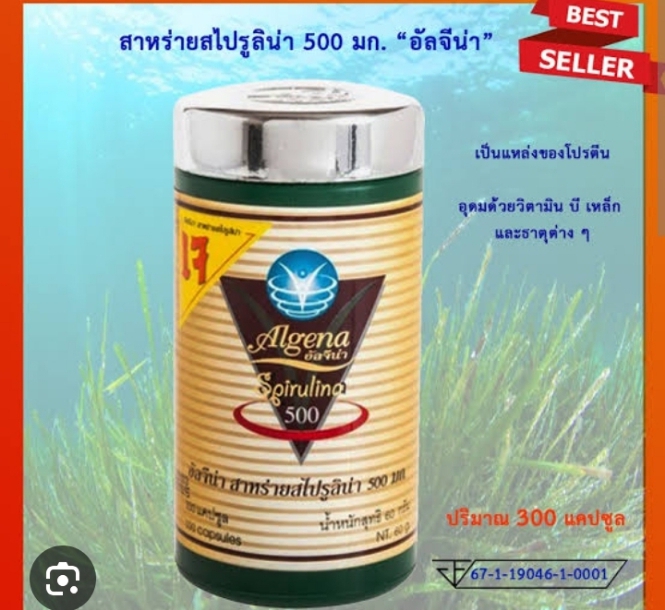 สาหร่ายสไปรูลิน่า อัลจีน่า (Algena) 300 แคปซูล ► นี่คือสุดยอดอาหาร ที่ทั่วโลกให้การยอมรับ ไม่ว่าจะเป็น โปรตีน วิตามิน เกลือแร่ และอื่นๆ มีอยู่อย่างครบถ้วน และสมบูรณ์ องค์การอนามัยโลก กล่าวไว้ว่า สาหร่ายสไปรูลิน่า คืออาหารที่ดีที่สุดของมนุษยชาติโดยแท้ ช่วย