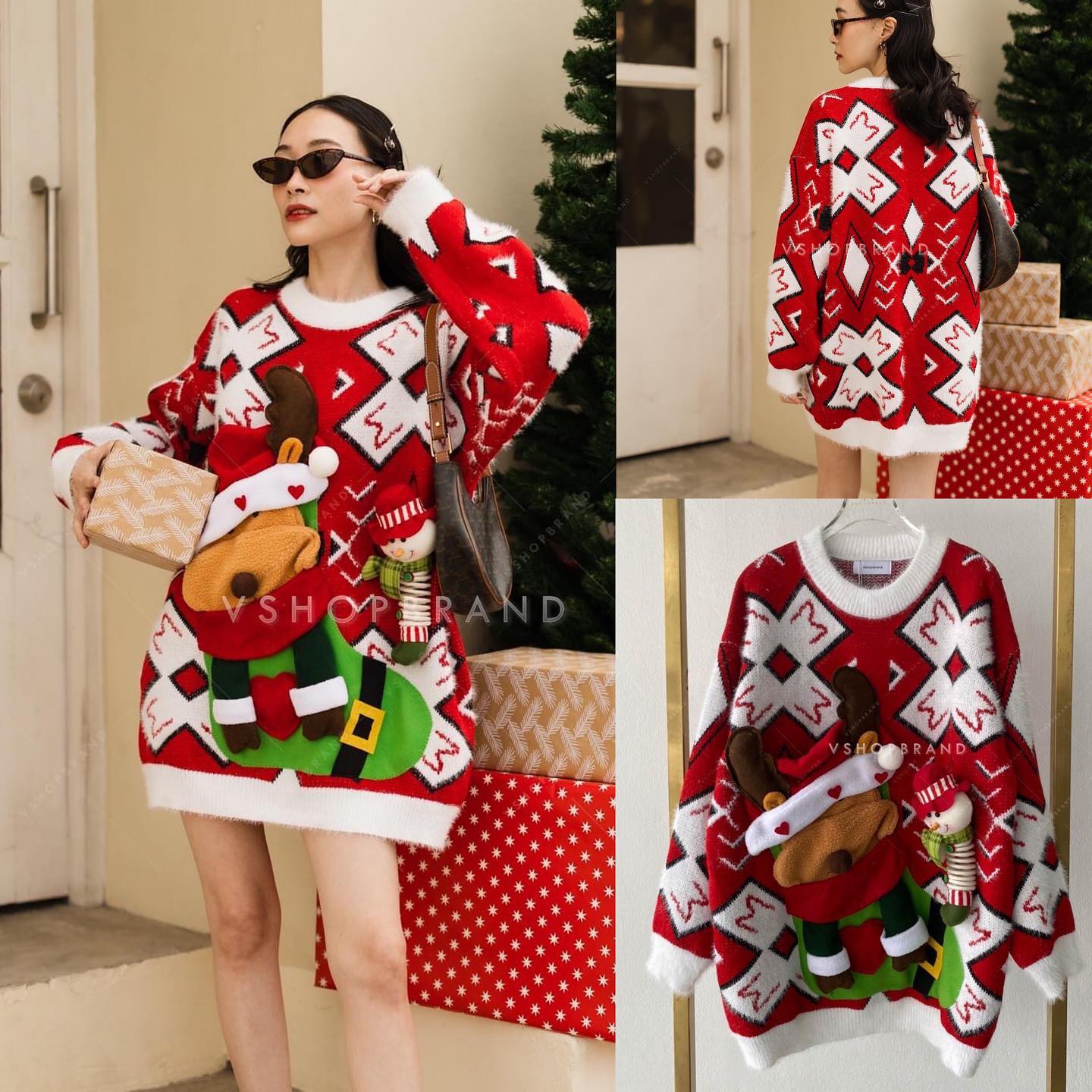 เสื้อสเวตเตอร์รับเทศกาลคริสต์ กันหนาวแต่งตุ๊กตาเรนเดียร์ + เข็มกลัดสโนว์แมน : สินค้าคุณภาพ (พร้อมส่ง)