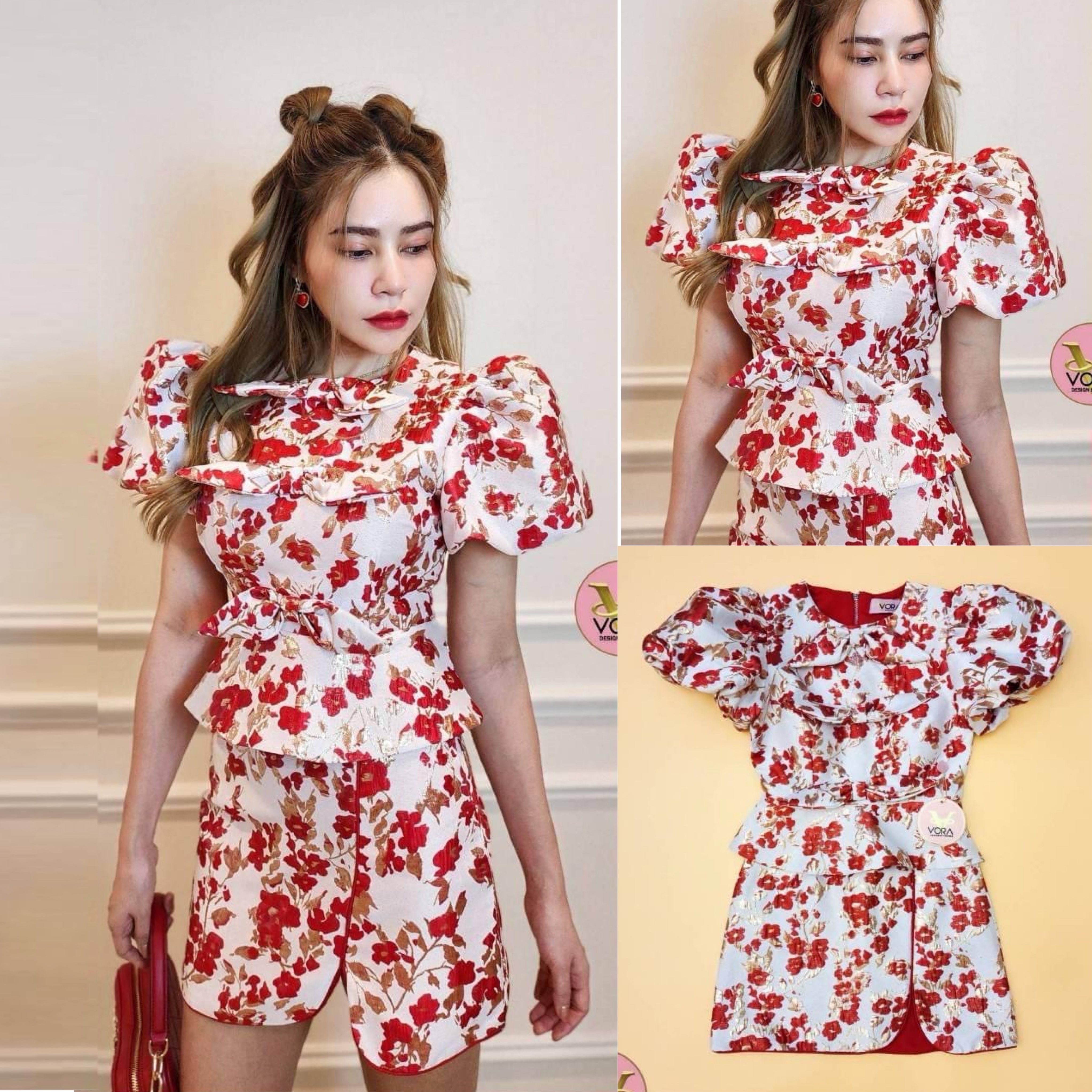 Set เสื้อแขนพอง แต่งโบว์เรียงด้านหน้า ช่วงอกมีฟองน้ำให้ค่า ทรงเข้ารูป มาพร้อมกระโปรง สั้นเข้าชุด สินค้าคุณภาพ (พร้อมส่ง)