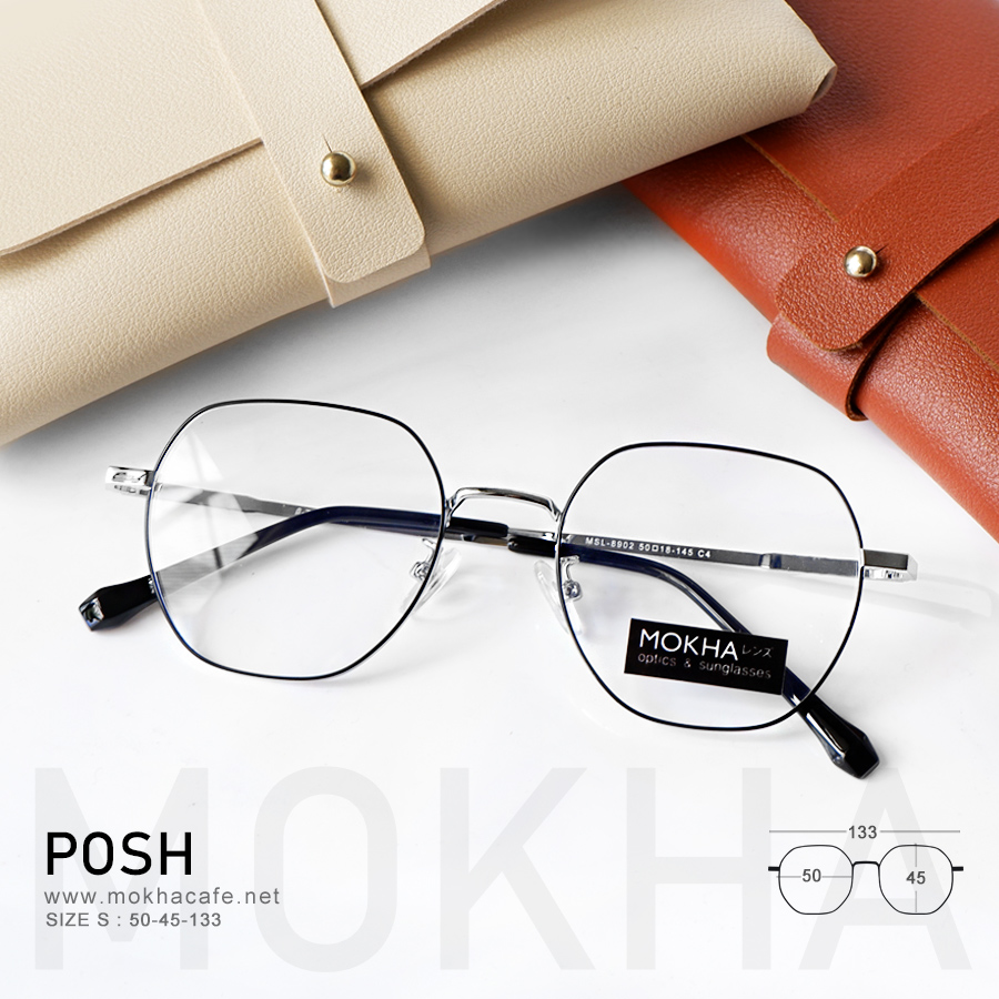 กรอบแว่น POSH - silver black กรอบโลหะ ทรงเหลี่ยม น้ำหนักเบา กว้าง 133 มม. (sizeS) H45
