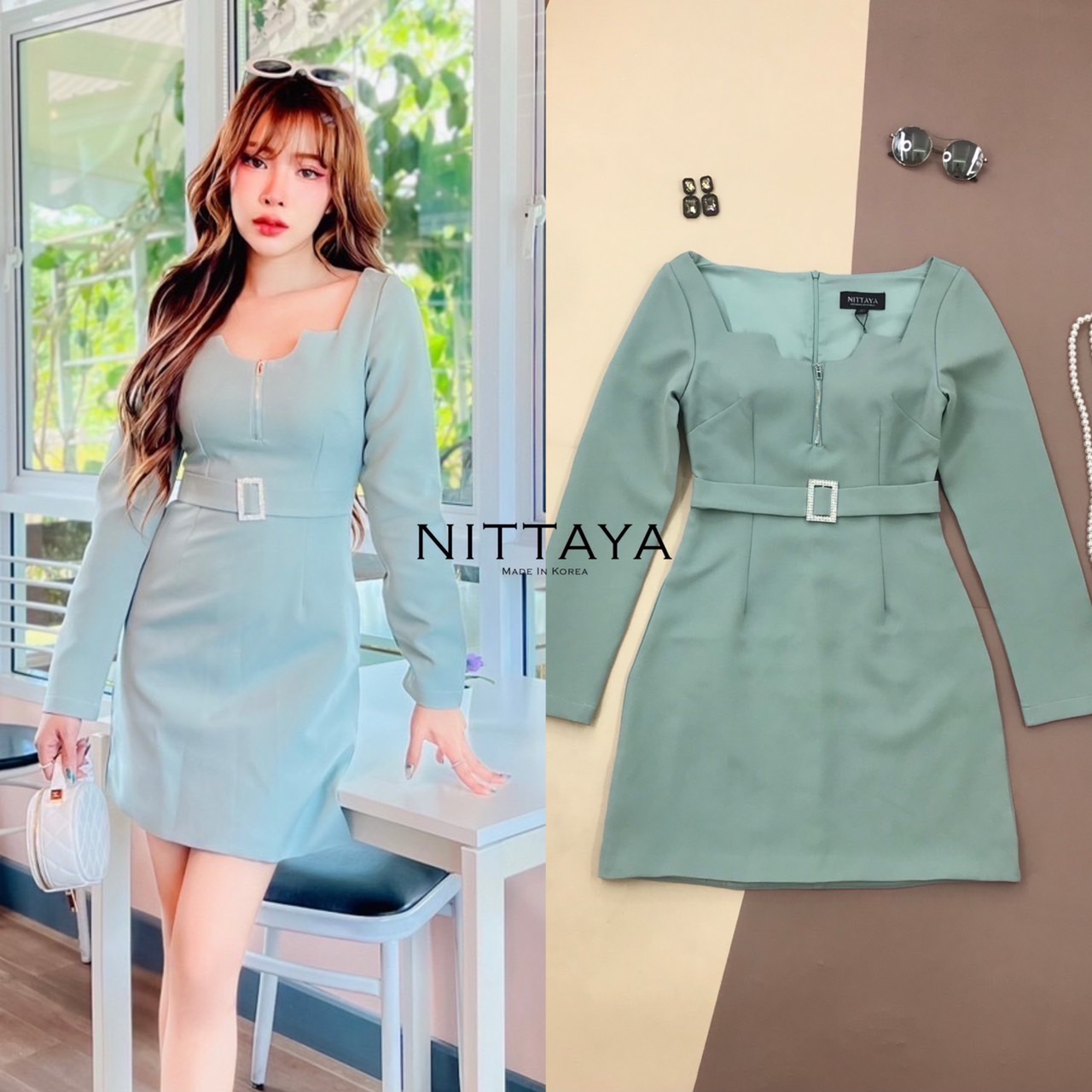 เดรสคอเหลี่ยมแขนยาว ตรงอกซิปรูดได้จริง เข็มขัดเป็นเข็มขัดติดกับชุดเลย เรียบหรู สินค้าคุณภาพ (พร้อมส่ง)