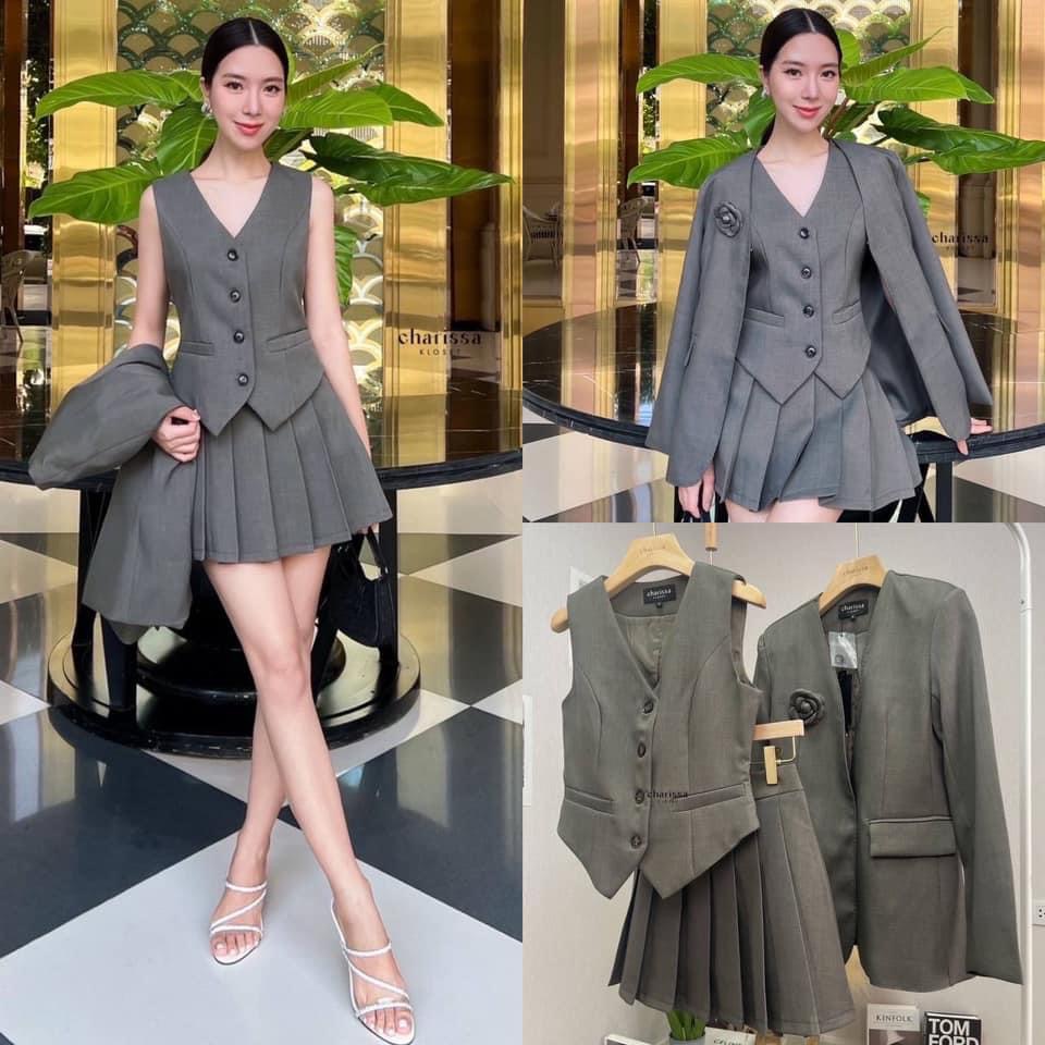ชุดเสื้อสูท+เสื้อ vestด้านใน +กระโปรง (กางเกงเป็นซับใน)+เข็มกลัดดอกไม้ ใส่สบาย : สินค้าคุณภาพ (พร้อมส่ง)
