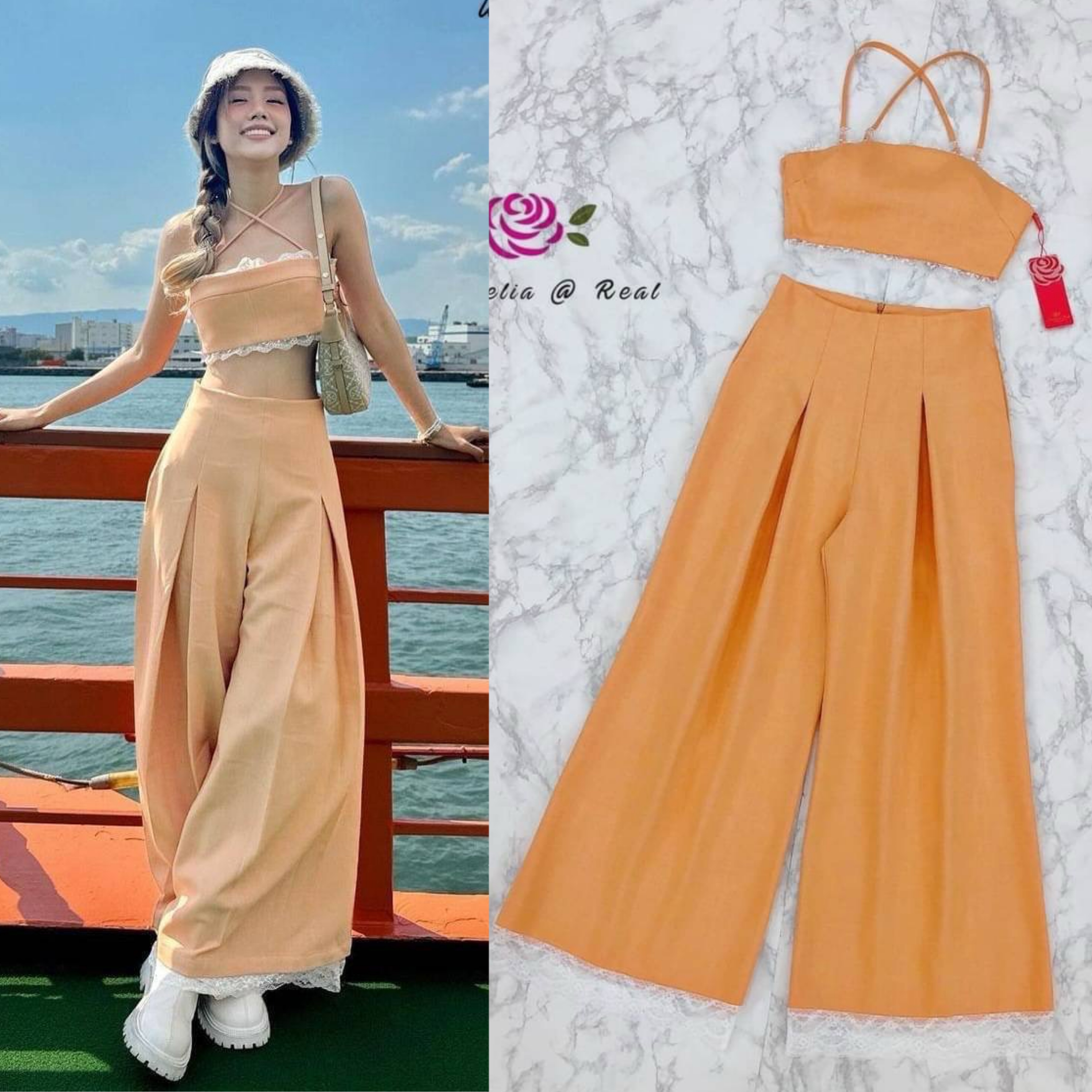 Set ::: เสื้อสายเดี่ยวตัวสั้นทรงเก๋ โฮ่งมากสำหรับเซ็ทนี้ ตัวเสื้อน่ารักเซ็กซี่กรุบ มีกิมมิคแต่งผ้าลูกไม้เล็กๆรอบตัวสวยฉ่ำ ด้าน ข้างแต่งซิป มาเข้าชุดกับกางเกงเอวสูง ทรง ตรงขากระบอก ปลายขาแต่งผ้าลูกไม้ : สินค้าคุณภาพ (พร้อมส่ง)