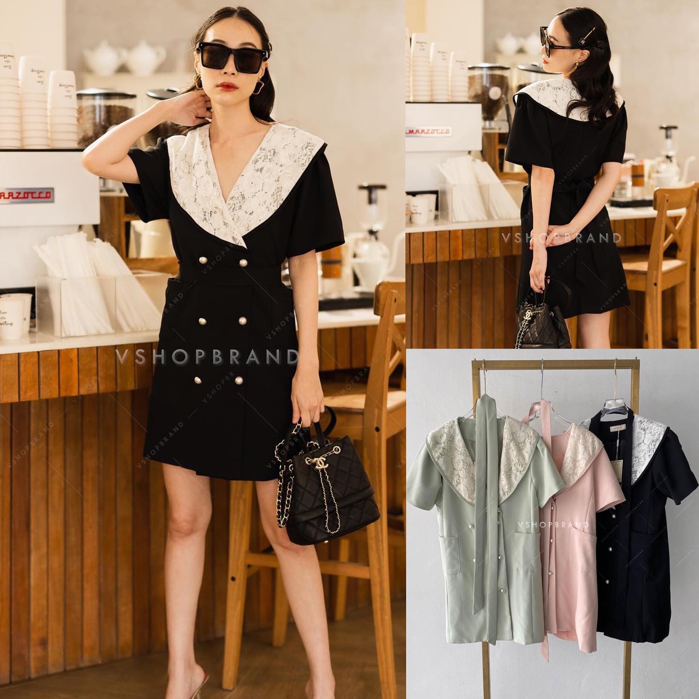 เดรสทรงสูทอัดกาวทั้งชุด แขนสั้น ปกเย็บติดลูกไม้ แถมเชือก ผูกเอว กระดุมไข่มุก แบบน่ารักมาก สินค้าคุณภาพ (พร้อมส่ง)