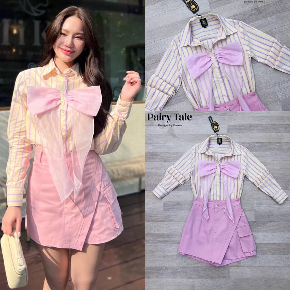 Set เสื้อเชิ๊ตแขนยาวโทนเหลืองชมพู แต่งโบว์ชมพูที่หน้าอก แมตกระโปรงกางเกงผ้ายีนฟอกโทนสีชมพู ใส่สบาย : สินค้าคุณภาพ (พร้อมส่ง)