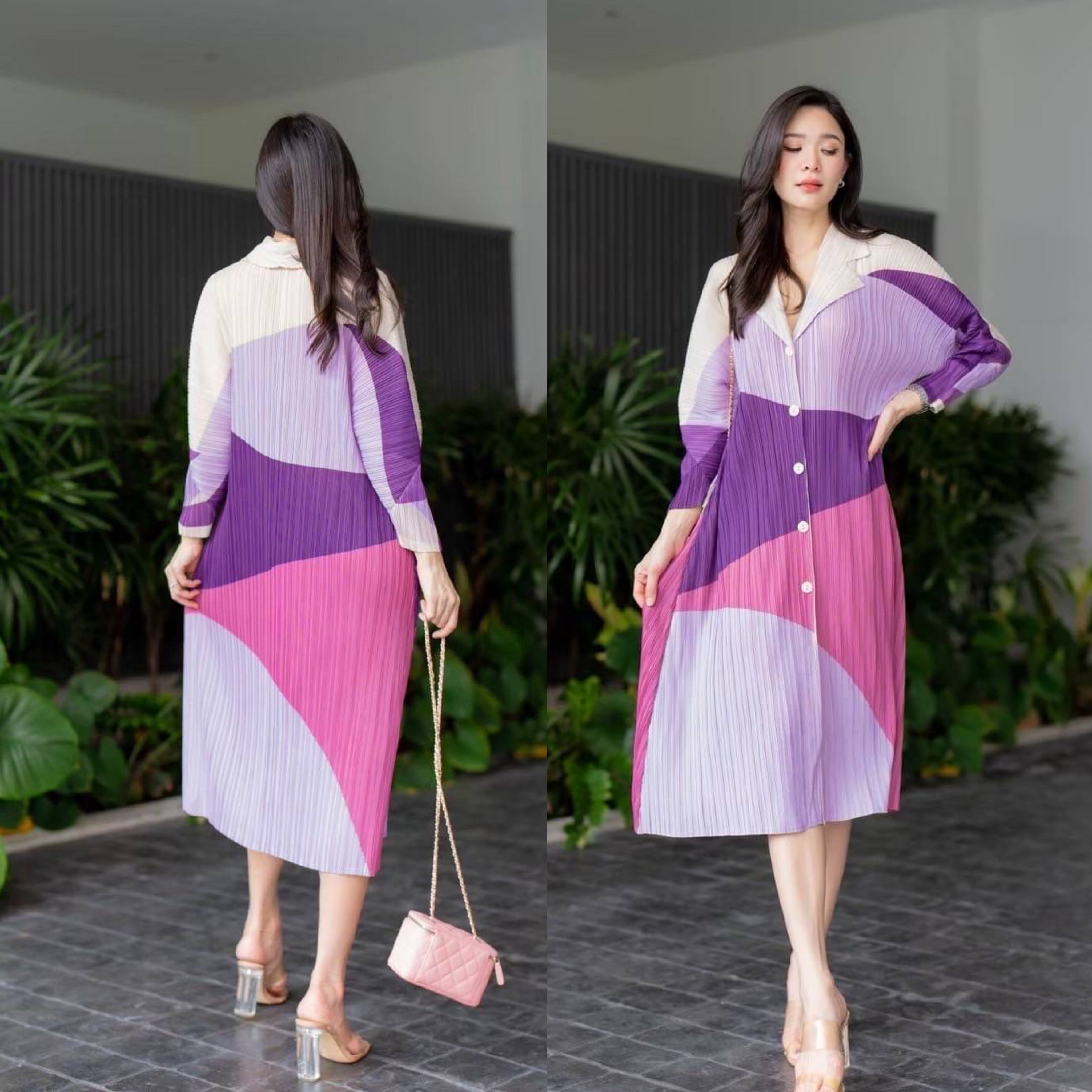 มินิเดรสอัดพลีท คอปกสูทเล็ก กระดุมหน้า เปิด/ปิด ได้ทั้งชุด แขนพองแบบตัดต่อ ให้ดูมีมิติ ยาว 4 ส่วน งานสวย ระดับ Premium : สินค้าคุณภาพ (พร้อมส่ง)