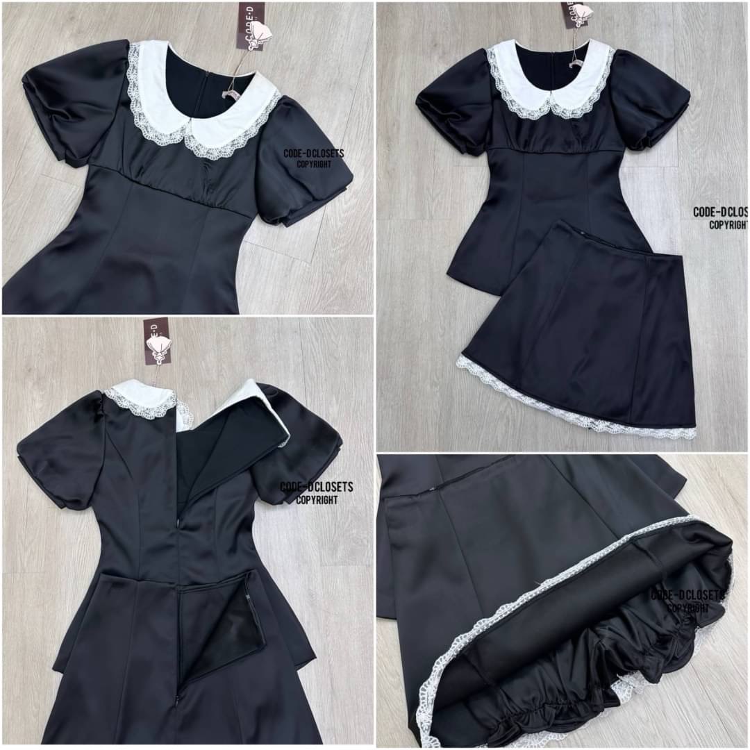 Set 2 ชิ้น สีดำ เสื้อตัวยาวแขนตุ๊กตา แต่งปกคอบัวสีขาวตัดขอบตัวผ้าลูกไม้ +กระโปรงสั้นซิปด้านหลัง (ด้านในเป็นกางเกงขาจั้ม) สินค้าคุณภาพ (พร้อมส่ง)