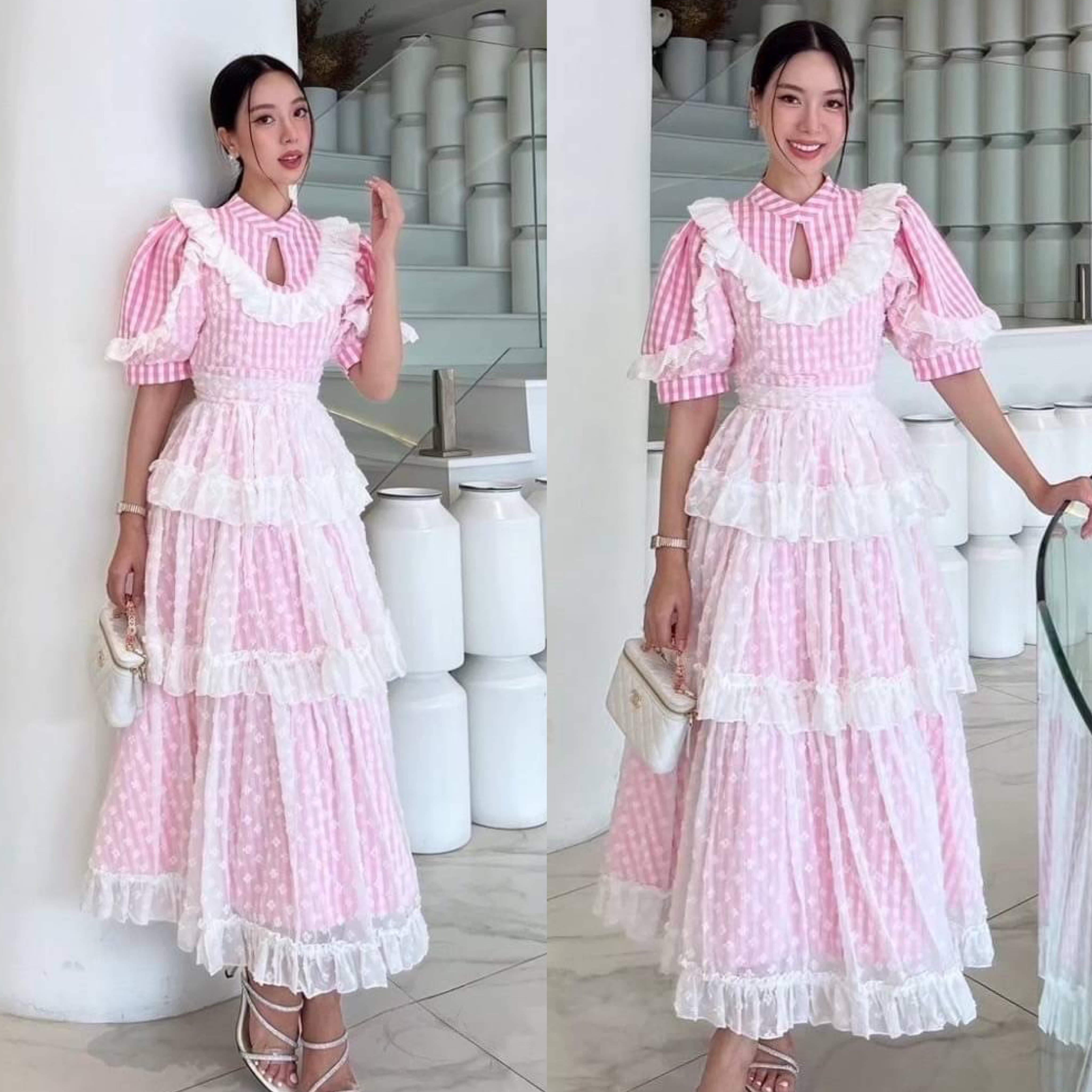 เดรสลายสก็อตสีชมพูตัวยาวแต่งระบาย ลูกไม้ฉลุสีขาวคลุมทั้งตัว เป็นทรงระบายซ้อนถึง 3 ชั้น รุ่นนี้ผ้าดีใส่สวย ฟูฟ่อง เป็นทรง ใส่สบาย : สินค้าคุณภาพ (พร้อมส่ง)