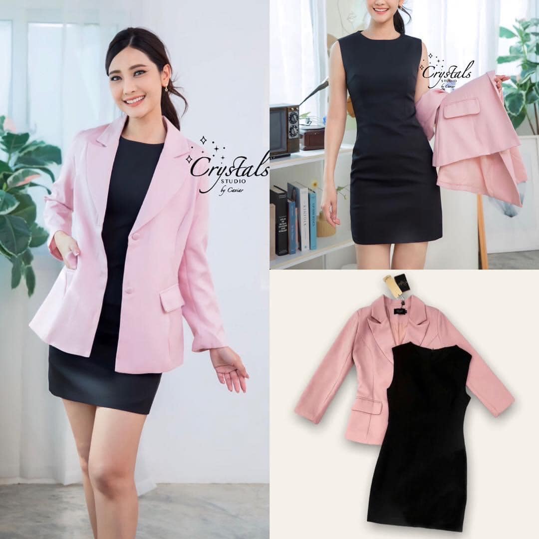 Set2ชิ้น เสื้อสูท แขนยาวสีพื้น ติดกระดุมหน้า2เม็ด มีกระเป๋า ล้วงจริงซ้าย-ขวา แมทช์คู่กับเดรสสั้น แขนกุด สินค้าคุณภาพ (พร้อมส่ง)
