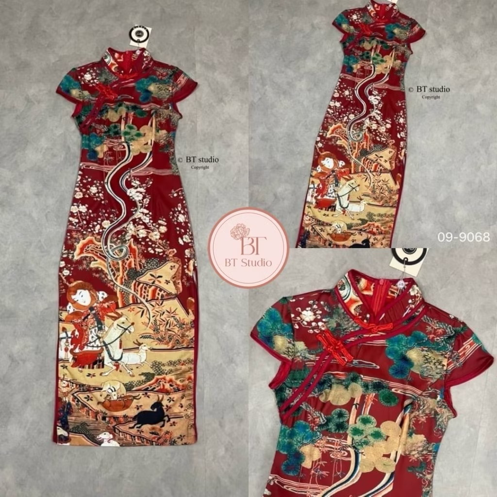 เดรสกี่เพ้า แต่งคอจีน พื้นสีพิมพ์ลายสวยม๊าก ห้ามพลาดเลยคร้าา limited ม๊ากคร้า ใส่สบาย : สินค้าคุณภาพ (พร้อมส่ง)