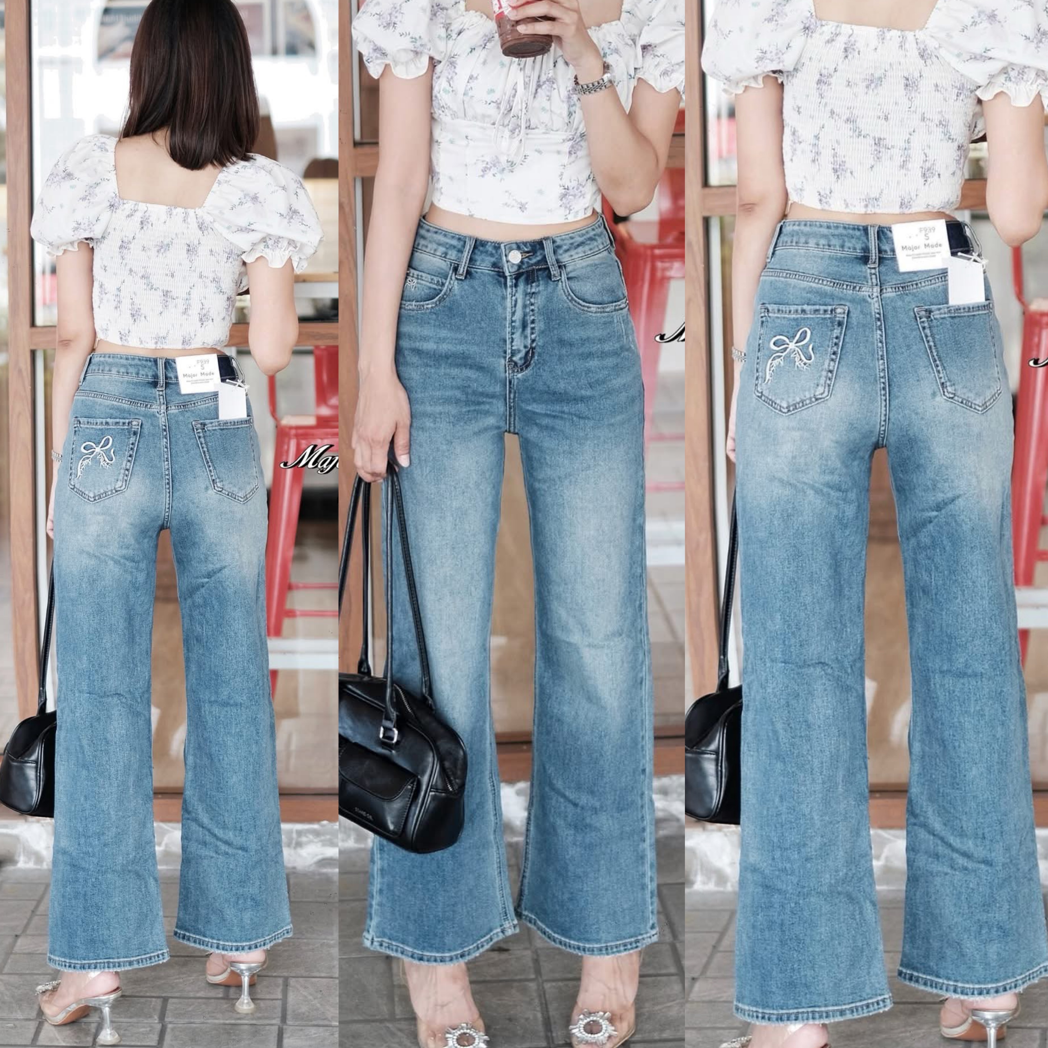 กางเกงยีนส์ขากระบอก ทรงเอวสูงงงง ดีเทลมีเย็ดรูปโบว์สีขาวตรงกระเป๋าหน้าหลัง ใส่สบาย : สินค้าคุณภาพ (พร้อมส่ง)