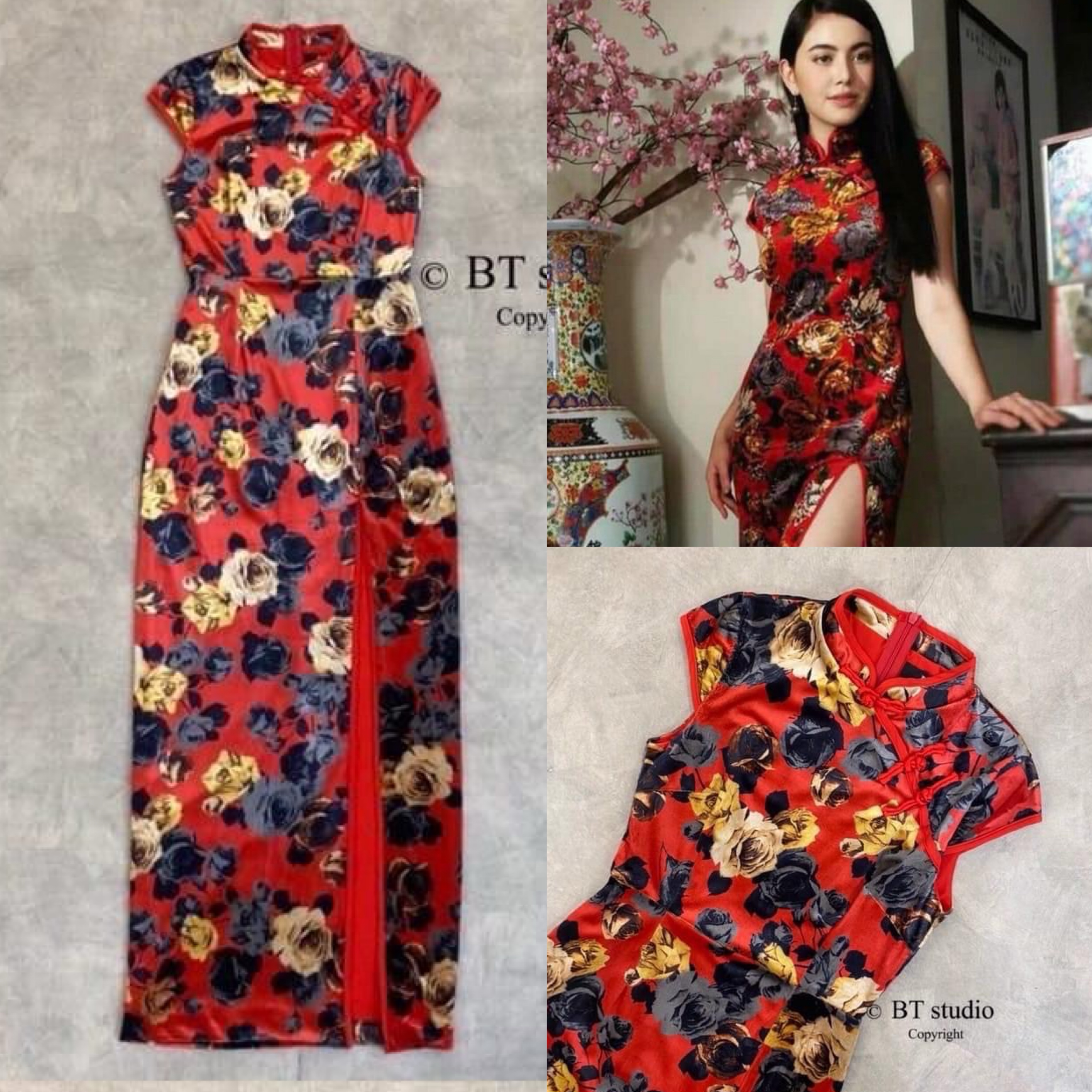 เดรสกี่เพ้าแขนสั้นเต่อ คอจีน แต่งกระดุมจีน ผ้ากำมะหยี่ลายดอกไม้ ผ่าสูง งานสวย หรู ใส่สบาย สินค้าคุณภาพ (พร้อมส่ง)