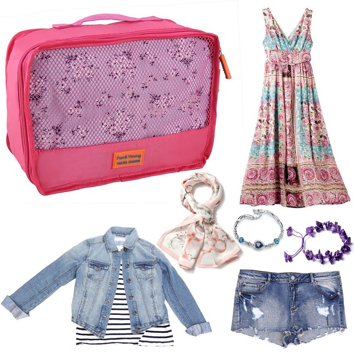 Travel Season กระเป๋าจัดระเบียบเดินทาง 7 ใบ จัดกระเป๋าเดินทาง ท่องเที่ยว ใส่เสื้อผ้า ชุดชั้นใน อุปกรณ์ห้องน้ำ กางเกงใน รองเท้า ถุงเท้า เครื่องสำอาง อุปกรณ์ไอที (Hot Pink)