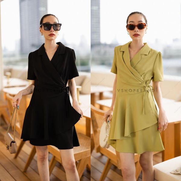 เดรสสคอปกผูกหน้า จับจีบเอว 👍🏻 สินค้าคุณภาพ (พรอมส่ง)