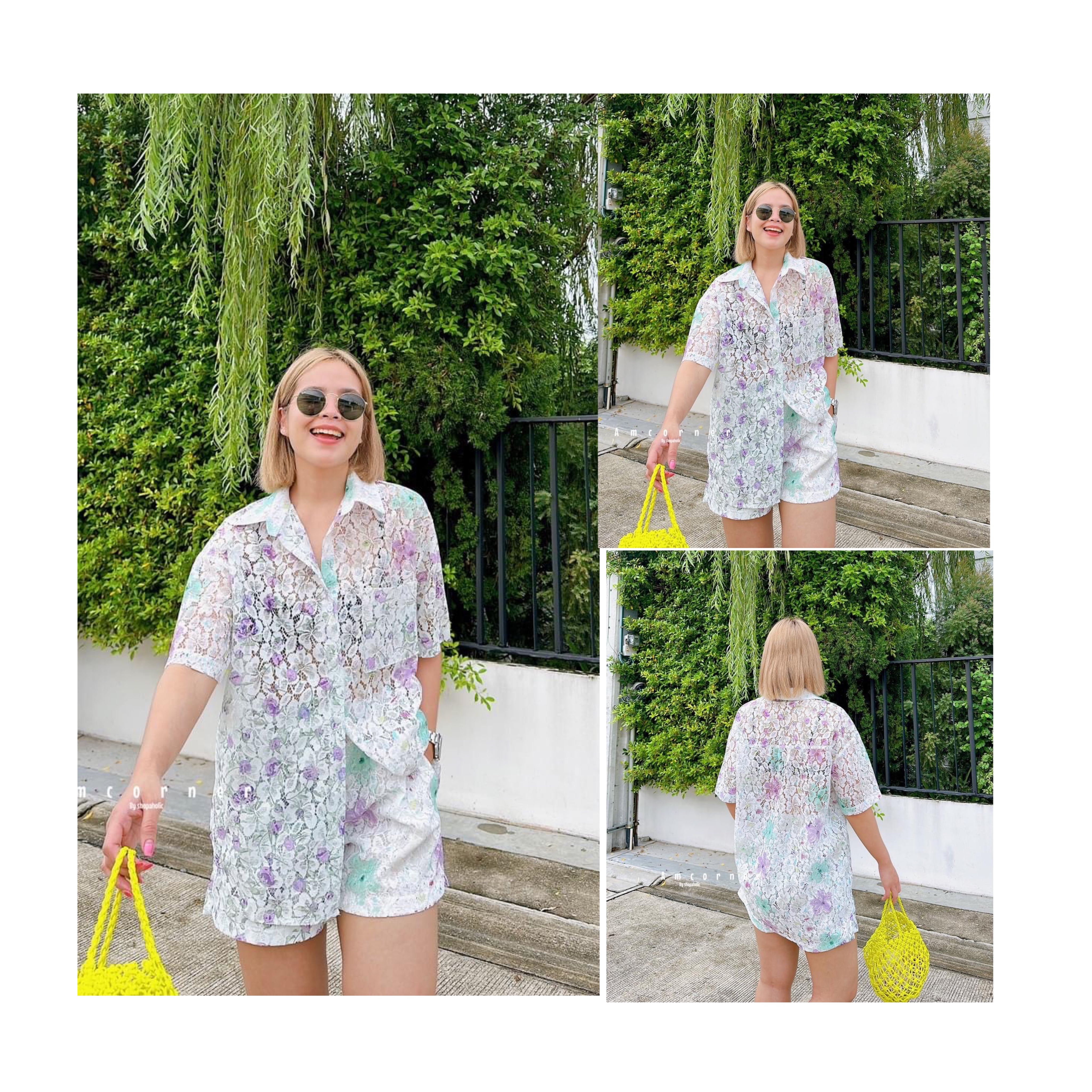 Lace set shirt เสื้อ+กางเกงขาสั้น ผ้าลูกไม้ เนื้อดี เนื้อนิ่ม ใส่สบาย สินค้าคุณภาพ (พร้อมส่ง)