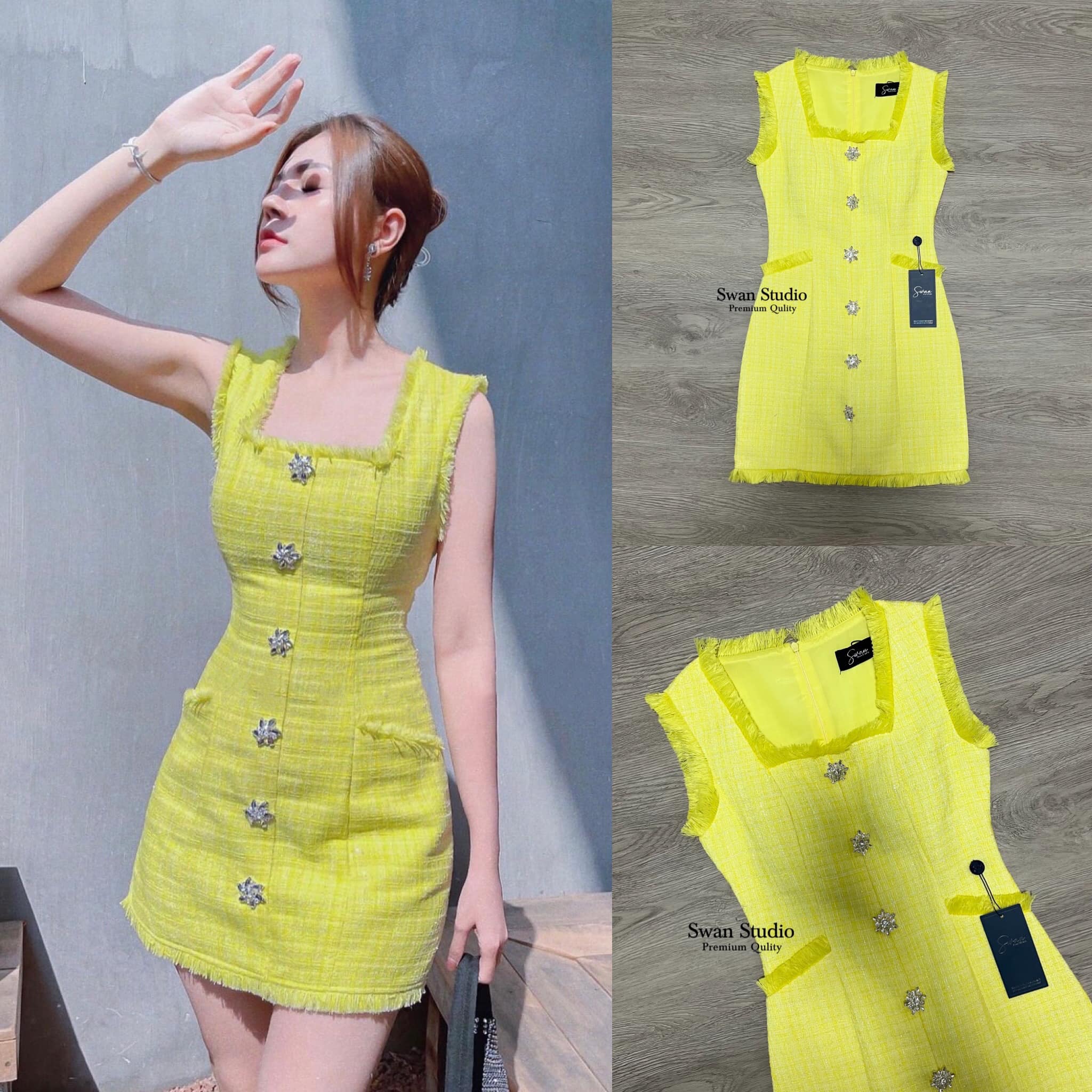 เดรสทวิตสีเหลืองแต่งพู่ตรงขอบๆ กระดุมเพชรเป็นรูปดอกไม้ด้านหน้า ซิปหลัง สีนี้ใส่แล้วขับผิง ออร่าพุ่ง สินค้าคุณภาพ (พร้อมส่ง)