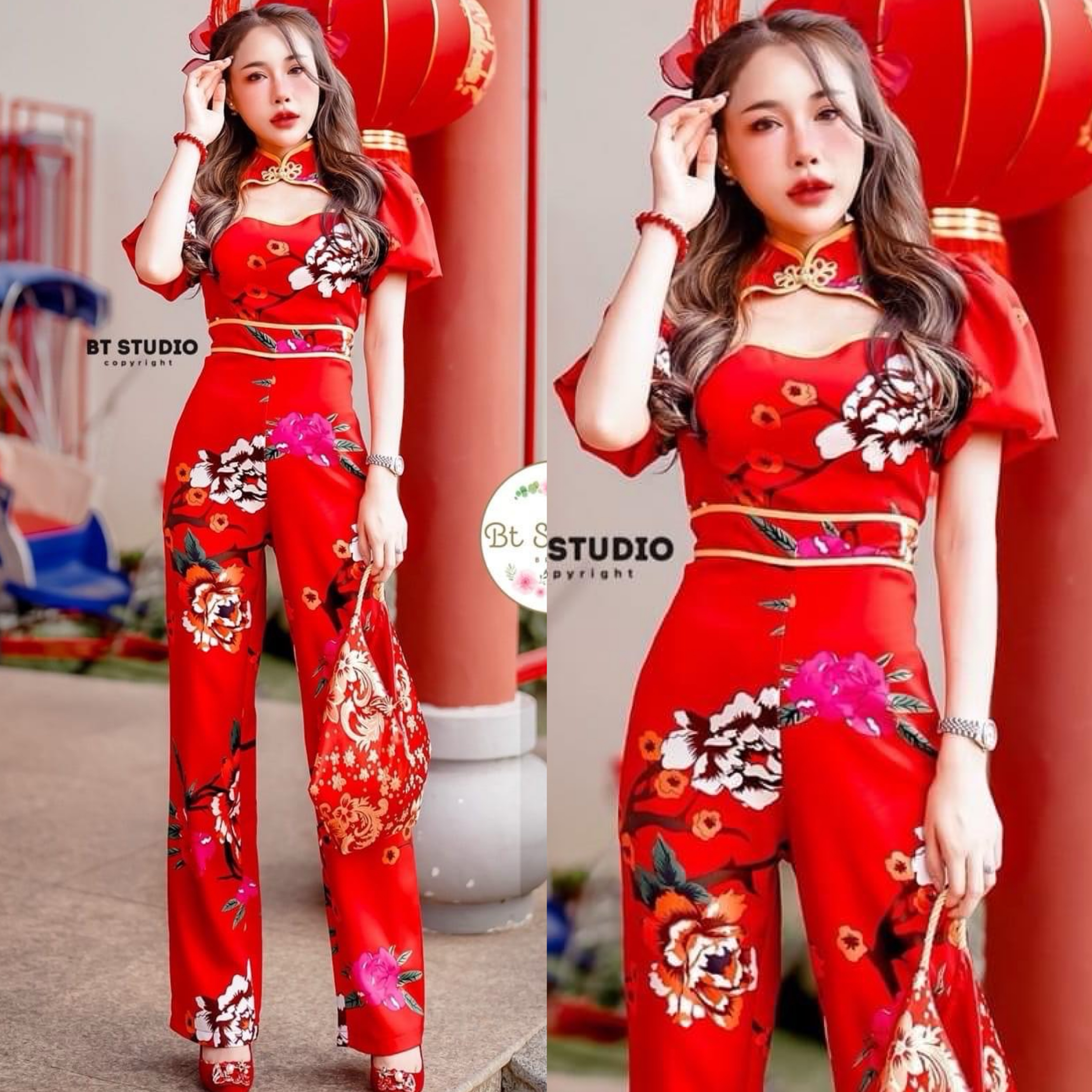 ชุดจั้มสูทขายาวแขนสั้นช่วงคอแต่ง กระดุมจีน แต่งเว้าช่วงเนินอกเล็กน้อย งานพิมพ์ ลายดอกไม้แต่งตัดพื้นสีแดงแต่งด้วยขอบรอบ คอและเอว งานสวย สินค้าคุณภาพ (พร้อมส่ง)