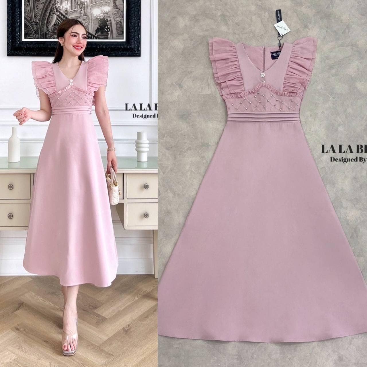 เดรสทรงกระโปรงบานเจ้าหญิงมาให้ผ้าดี เหมือนเดิมจ้าผ้าสูทอัดกาวคอวีแขนระบาย2ชั้น ช่วงตัวชุดแต่งลูกไม้แต่งเพชร ใส่สบาย : สินค้าคุณภาพ (พร้อมส่ง)