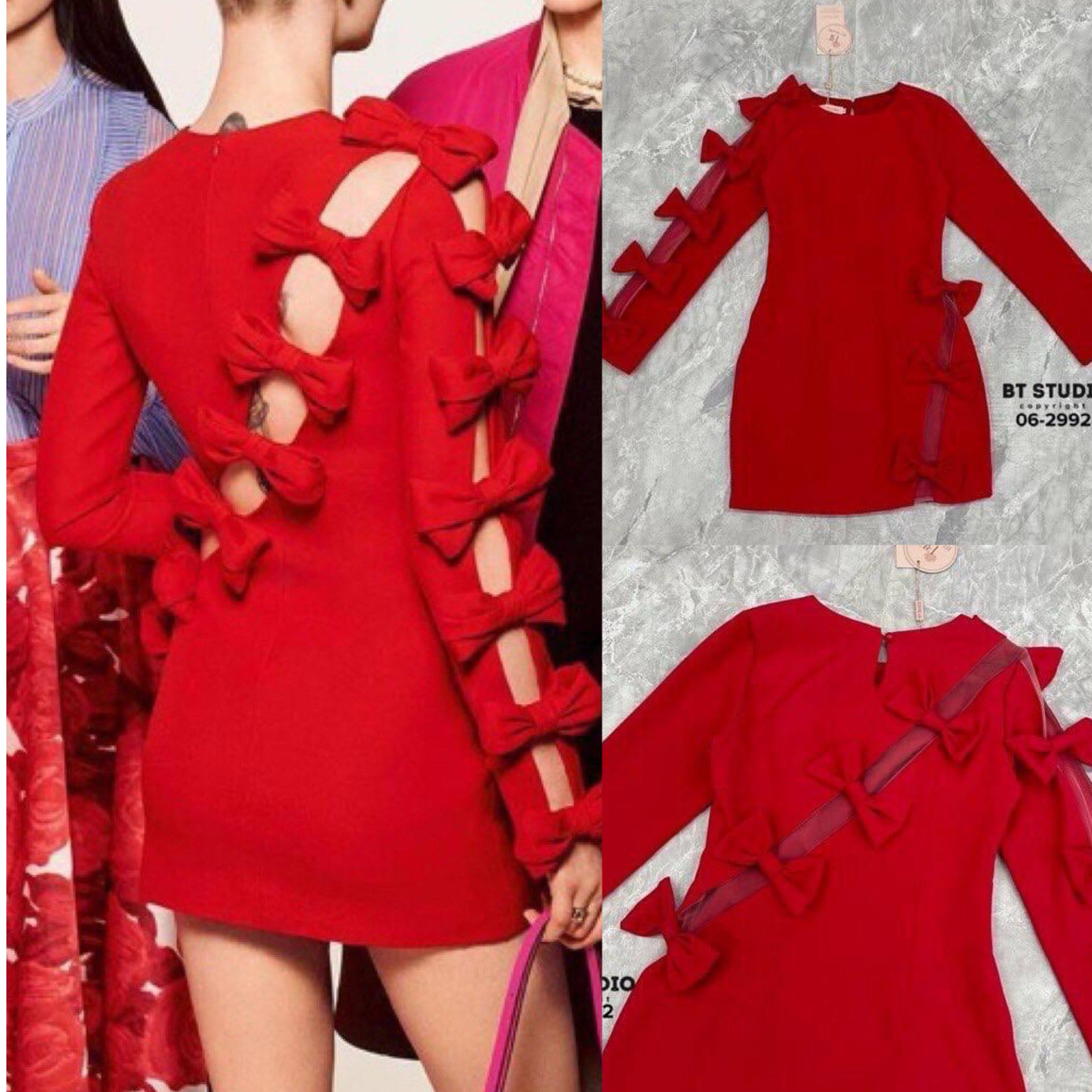 เดรสสั้นแขนยาวดีไซส์แต่งแขนผ่า ปลายชายกระโปรงผ่า และแต่งเฉียงด้านหลัง ติดซีทรูช่วงรอยผ่าแต่งโบว์เรียงกัน เนื้อผ้า ดีมีซับในจ้าาา ใส่สบาย สินค้าคุณภาพ (พร้อมส่ง)