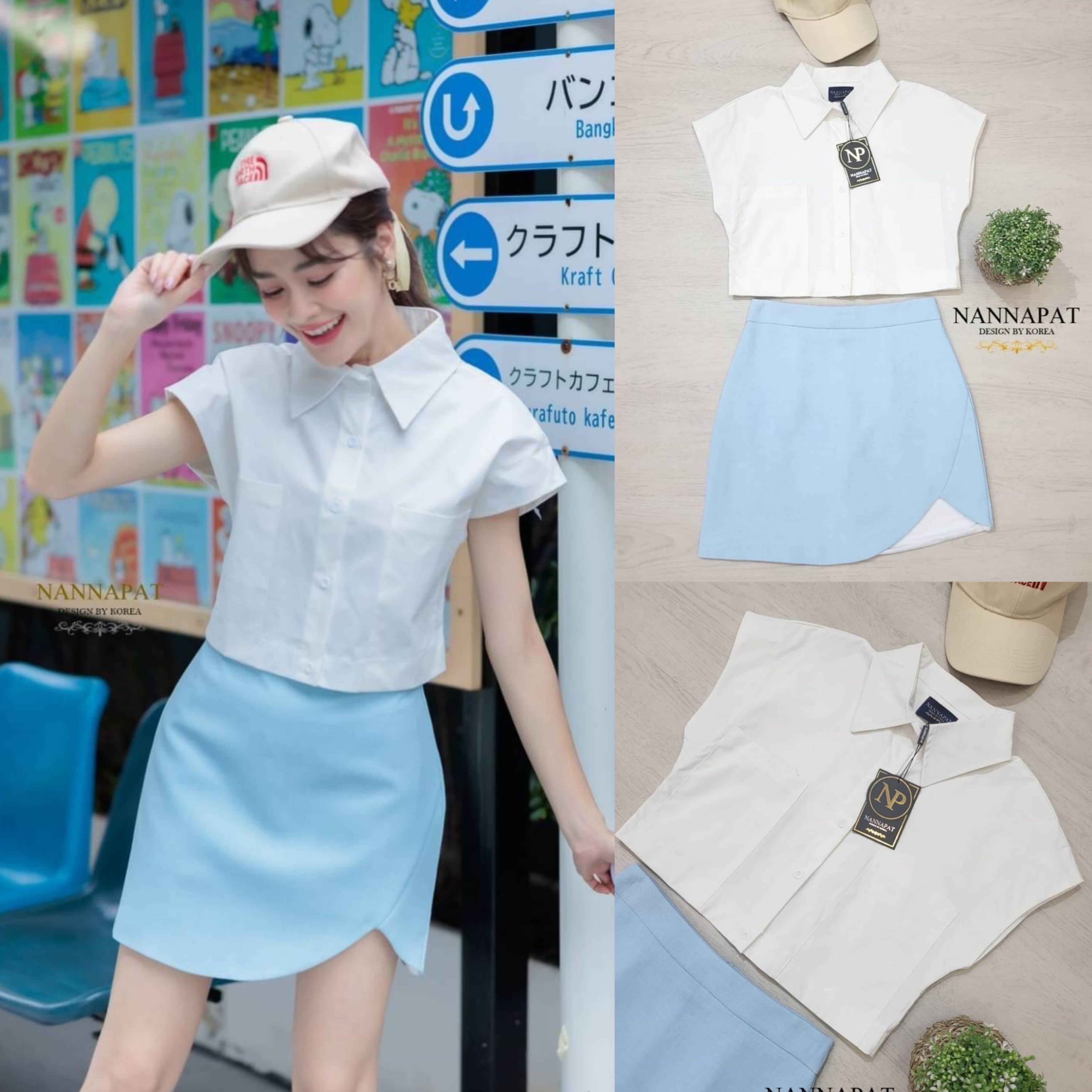 เซ็ท 3 ชิ้น เสื้อแขนล้ำเก๋ๆ กระโปรงทรงสวย มีซับในเป็นกางเกง มาพร้อมหมวกแบรนด์ดังเข้าชุดลงตัว สินค้าคุณภาพ (พร้อมส่ง)