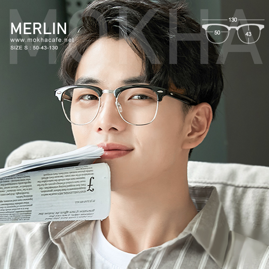 (ตำหนิ) MERLIN - silver black กรอบแว่น วินเทจ แว่นตา ClubMaster น้ำหนักเบา กว้าง 130 มม. (sizeS) H43
