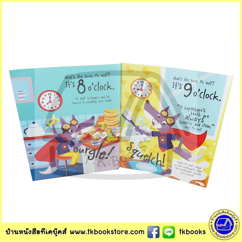 What's The Time, Mr Wolf ? by Amanda Enright หนังสือนิทาน กี่โมงแล้วจ๊ะคุณหมาป่าซุปเปอร์ฮีโร่