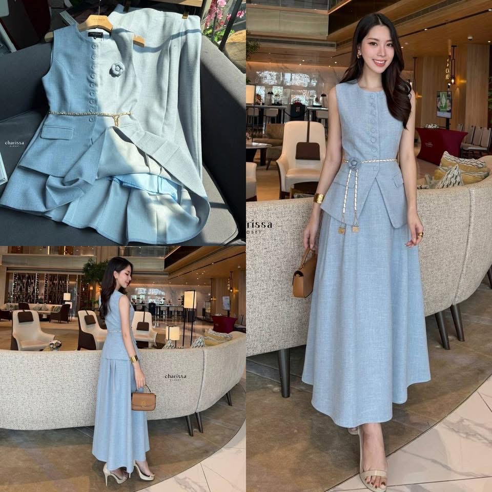 set 4 ชิ้น : เสื้อแขนกุด+กระโปรงยาว+ เข็มกลัดดอกไม้+เข็มขัดโซ่ ใส่สบาย : สินค้าคุณภาพ (พร้อมส่ง)