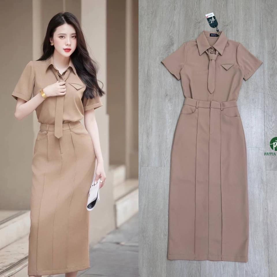 Set 2 ชิ้นสีน้ำตาล เสื้อเชิ้ตแขนสั้น ทรงoversizeมีกระดุมหน้าเรียงยาว ผ้าพริ้ว ใส่สบาย มีเนคไท1เส้นเก๋ๆ +กระโปรงยาวทรงตรงทรงสอบ : สินค้าคุณภาพ (พร้อมส่ง)