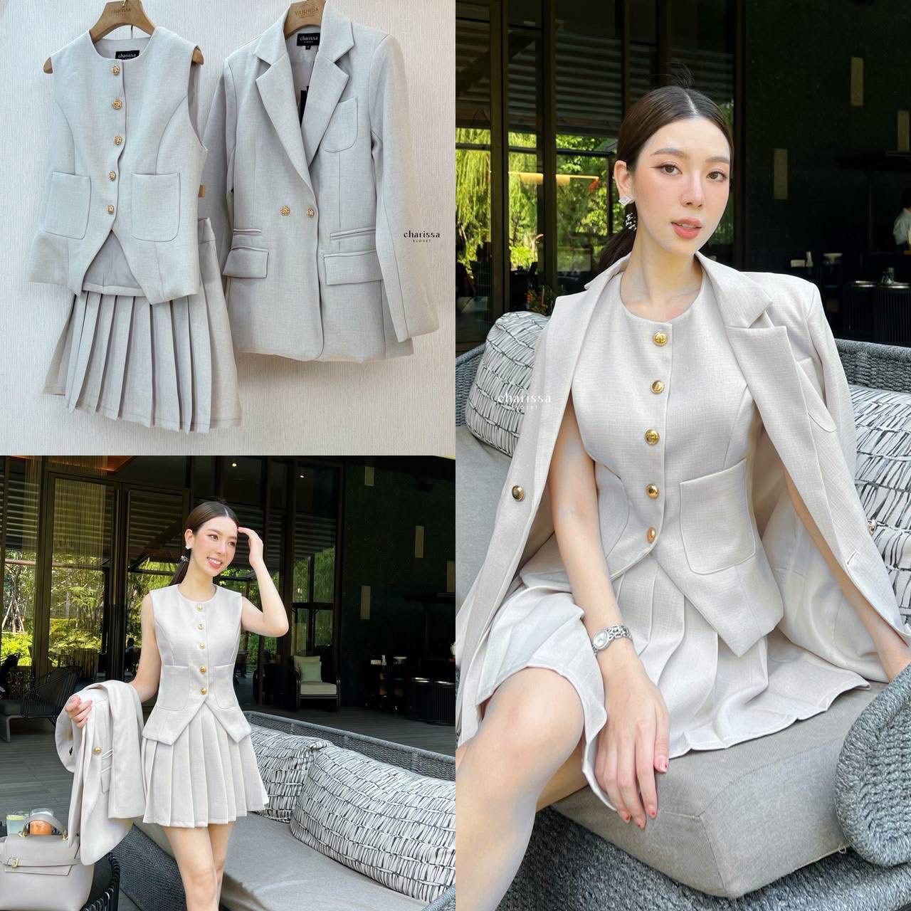 เซ็ทน่ารักๆเสื้อแขนกุด+กระโปรง+Blazer แมทซ์ได้หลายลุคมากๆ ใส่สบาย : สินค้าคุณภาพ (พร้อมส่ง)