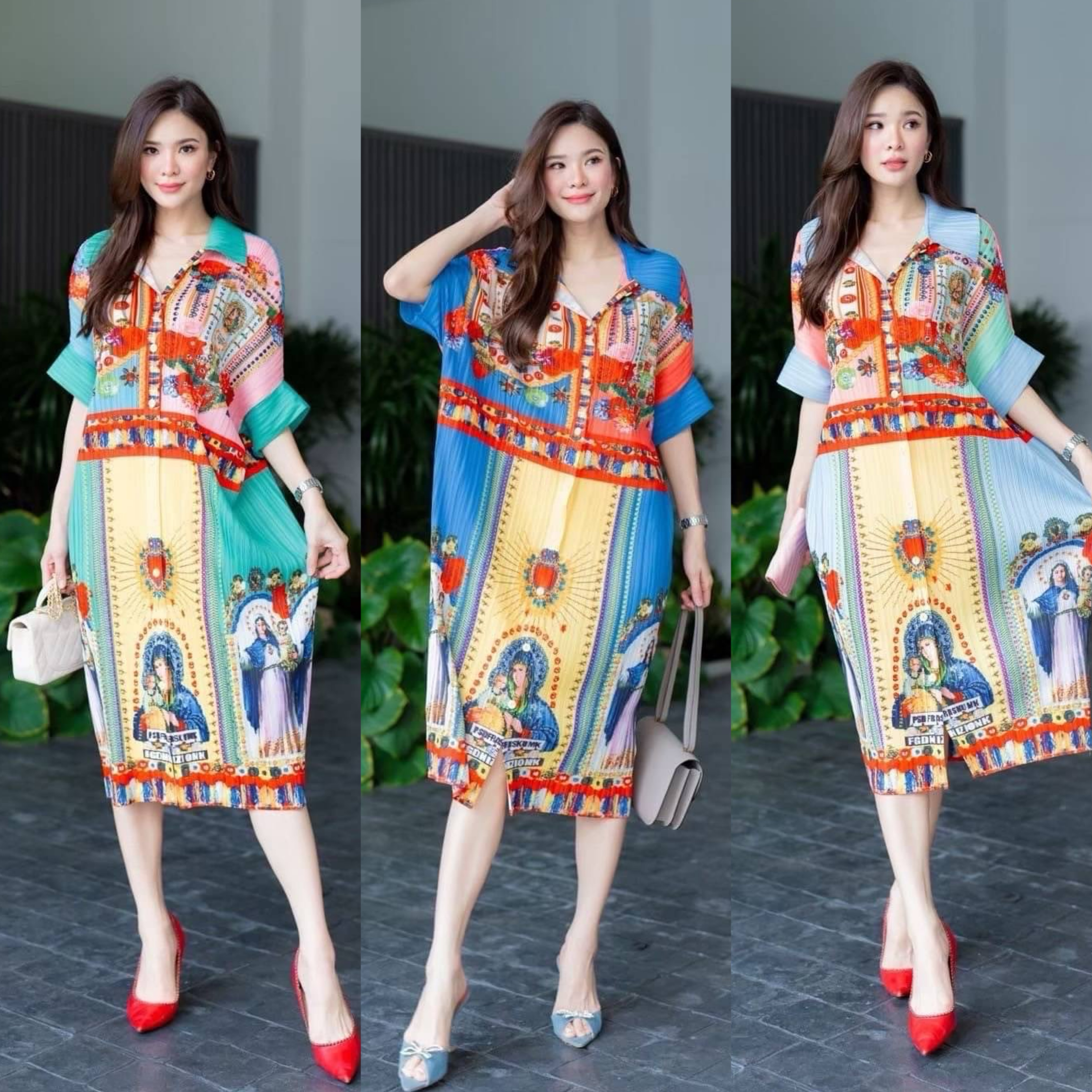 เดรสพลีทตัวยาวคอปกใหญ่ ทรงไหล่ล้ำ พับแขนเบิ้ล เกร๋กรู๊ดดด งานอัดพลีท 100% พลีท AA Premium 🎡🎢 ลายกราฟฟิค ใส่สบาย : สินค้าคุณภาพ (พร้อมส่ง)