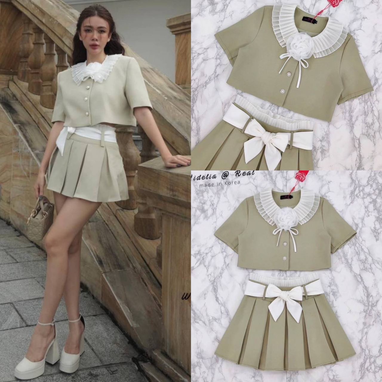 Set เสื้อแขนสั้นตัวสวยทรงดี รอบคอเก๋ด้วยผ้าอัดพลีทสวยเด้ง แต่งเข็มกลัด ตัวเสื้อทรงปล่อยใส่ง่าย +กระโปรงทรงเอบาน ใส่สบาย สินค้าคุณภาพ (พร้อมส่ง)