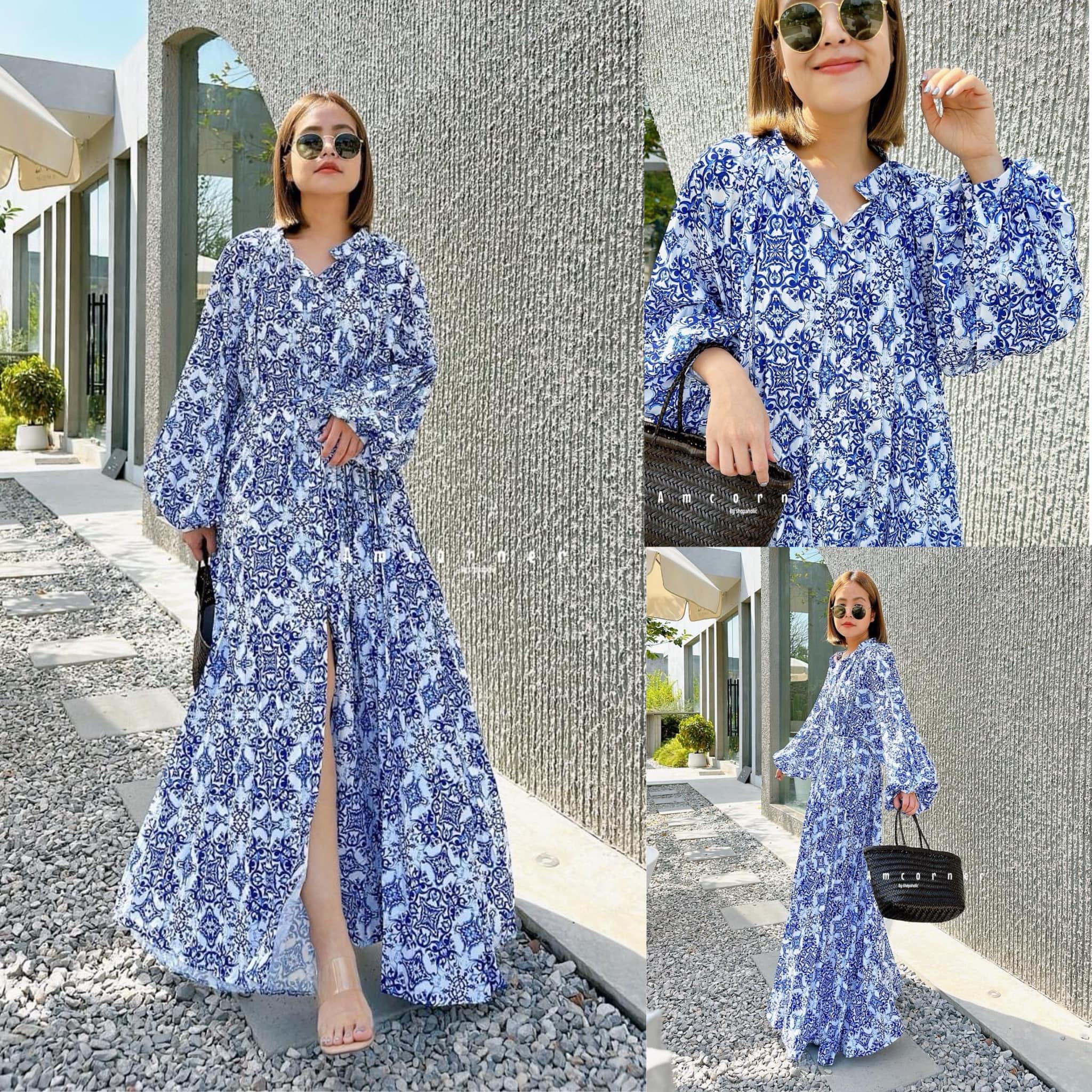 Maxi dress แขนยาว ด้านบนเป็นคอจีน ด้านหน้าเป็นกระดุม ยาวตลอดตัว สามารถถอดได้จริง ใส่สบาย สินค้าคุณภาพ (พร้อมส่ง)